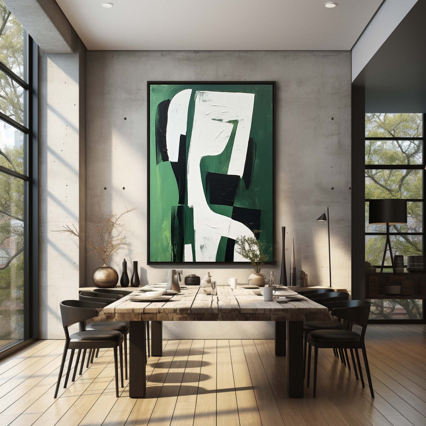 Abstract Green and Black Minimalist Oil Painting for Modern Home Decor