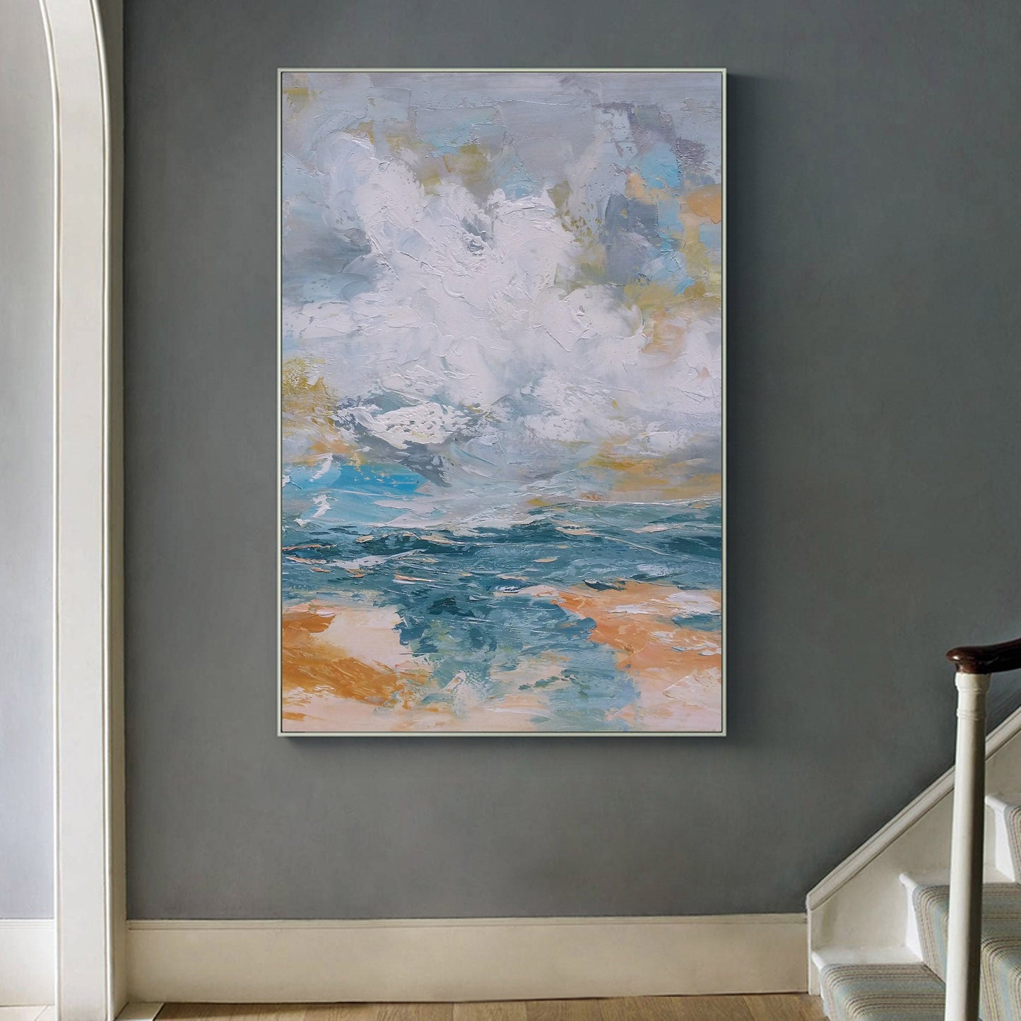 Vibrant Impressionist Seascape Oil Painting – Coastal Waves and Cloudy Skies