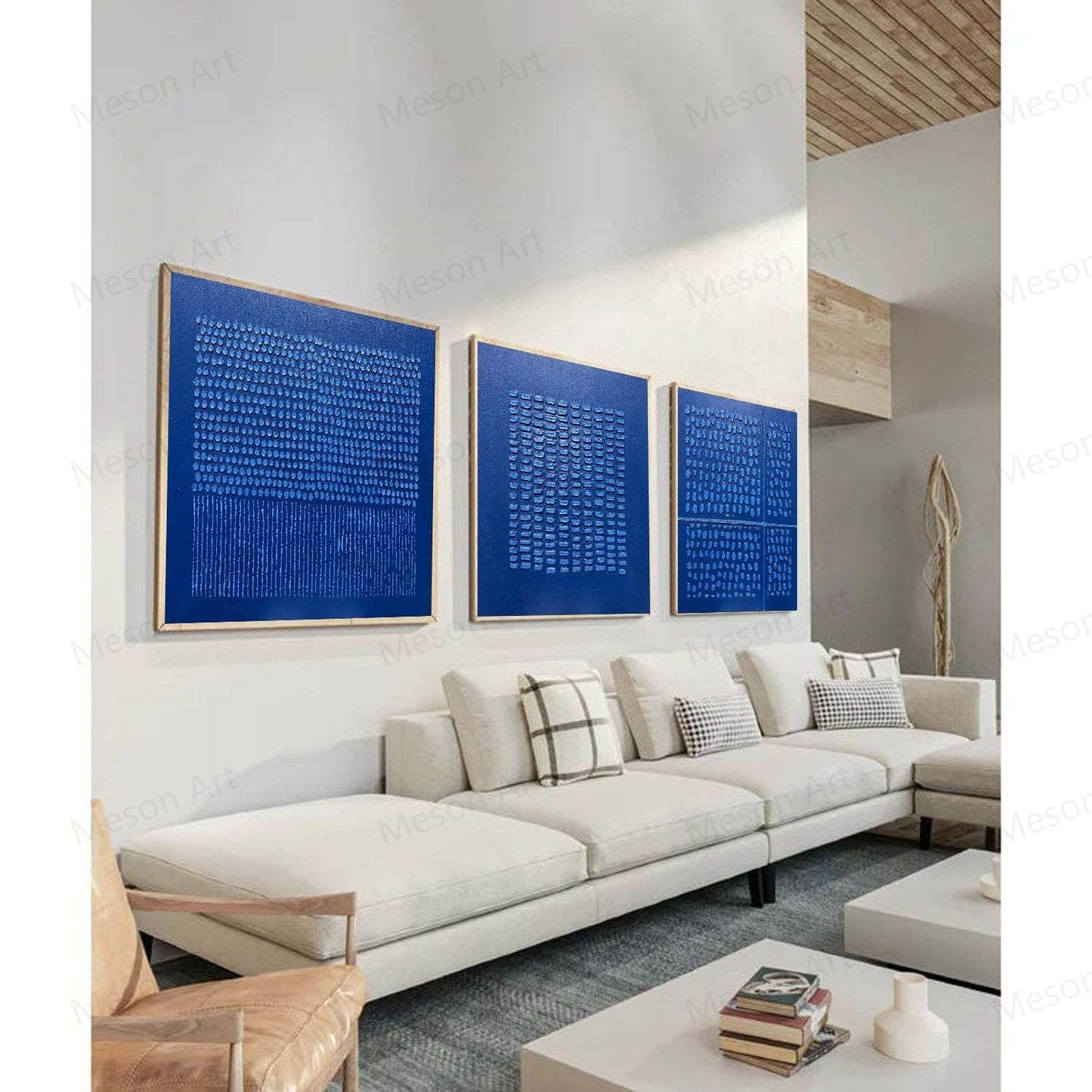 Contemporary Blue Abstract Triptych Oil Painting for Modern Home Decor