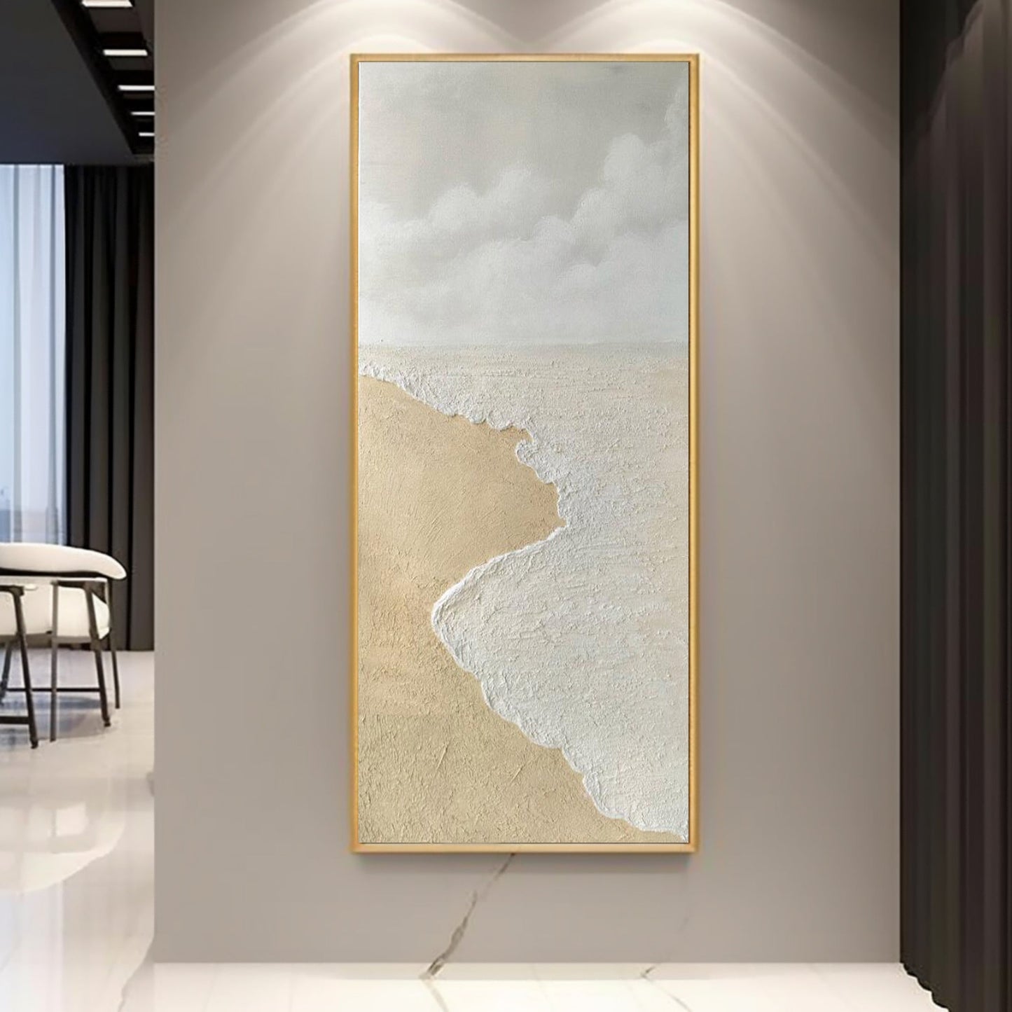 Textured Coastal Landscape Oil Painting with Beach and Cloudy Sky