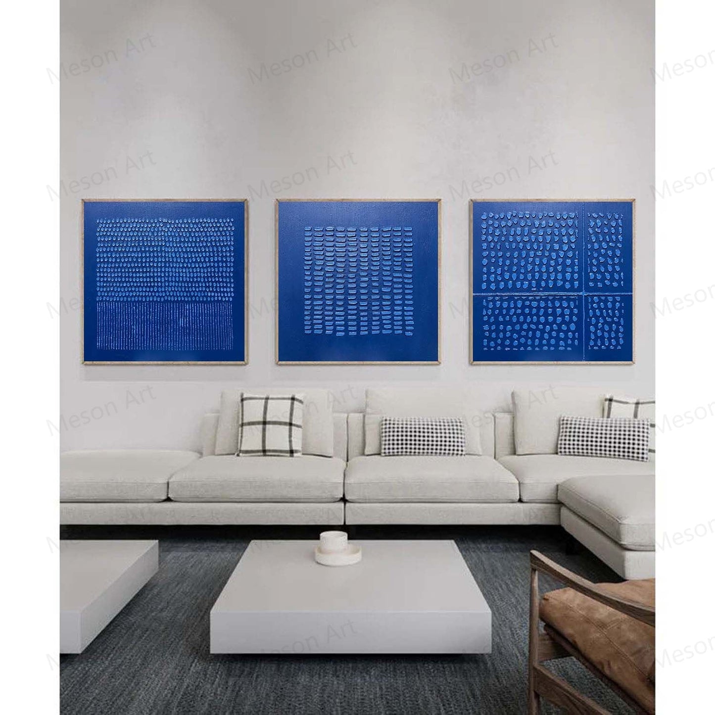 Contemporary Blue Abstract Triptych Oil Painting for Modern Home Decor