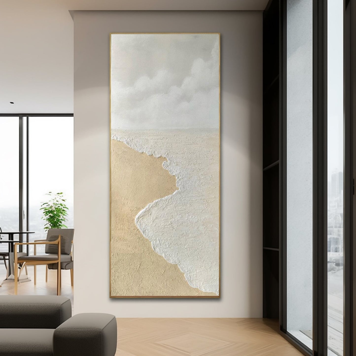 Textured Coastal Landscape Oil Painting with Beach and Cloudy Sky