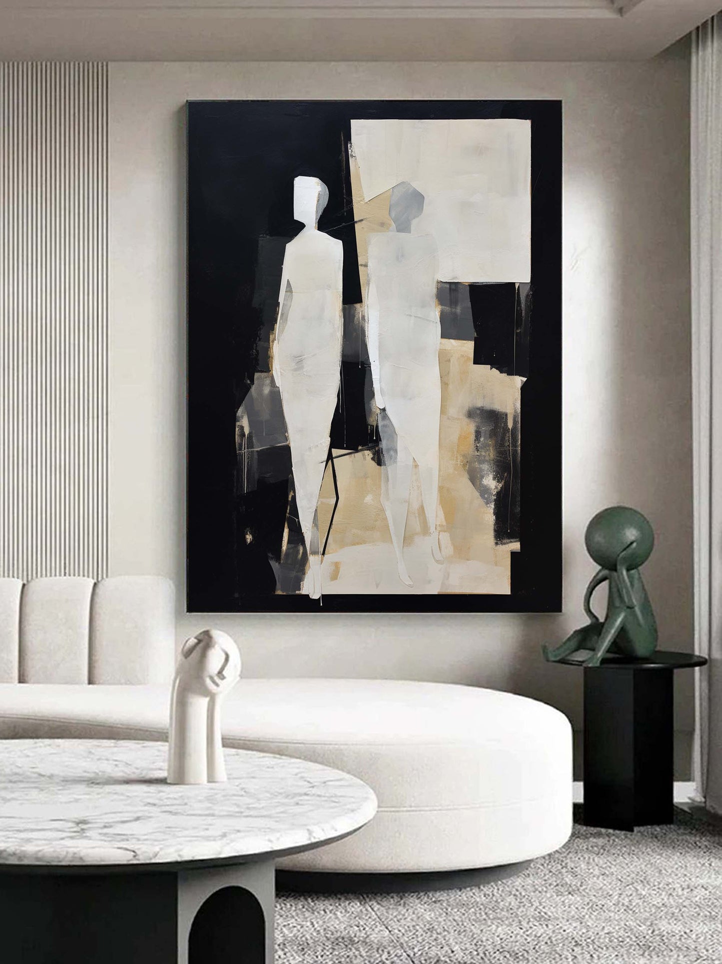 Modern Abstract Oil Painting of Figures in Minimalist Black and White Composition