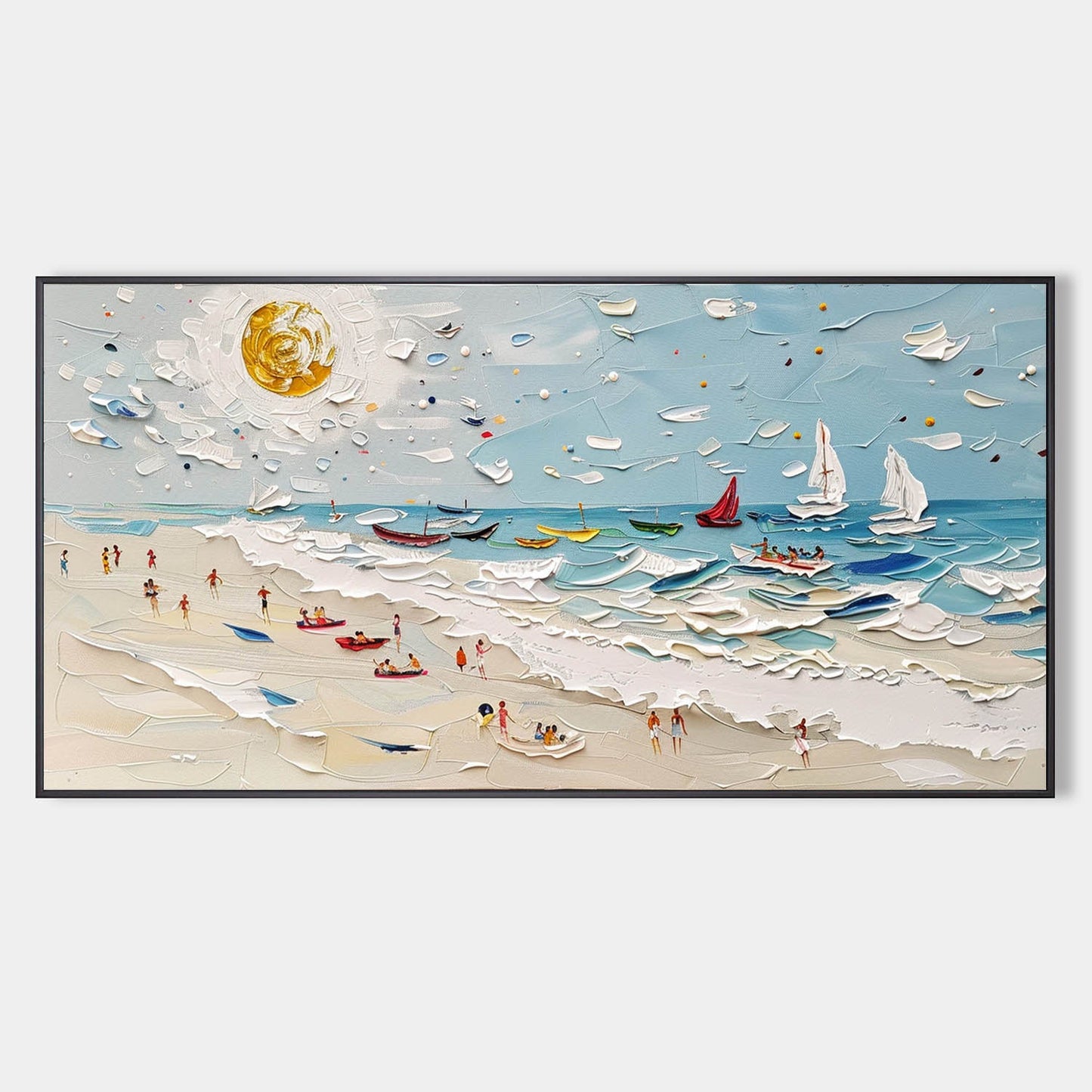 Vibrant Beach Scene Oil Painting with Boats and Sunlit Sky