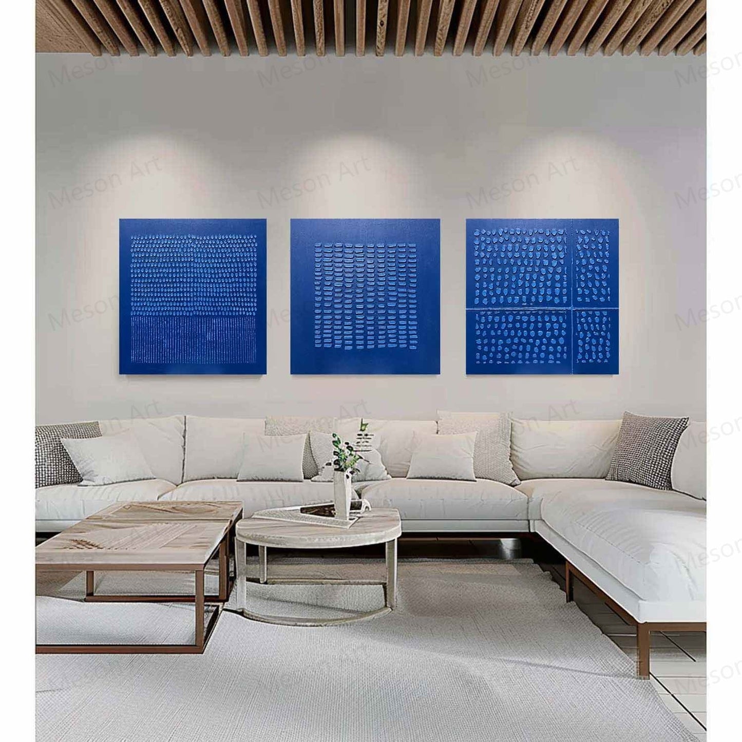 Contemporary Blue Abstract Triptych Oil Painting for Modern Home Decor