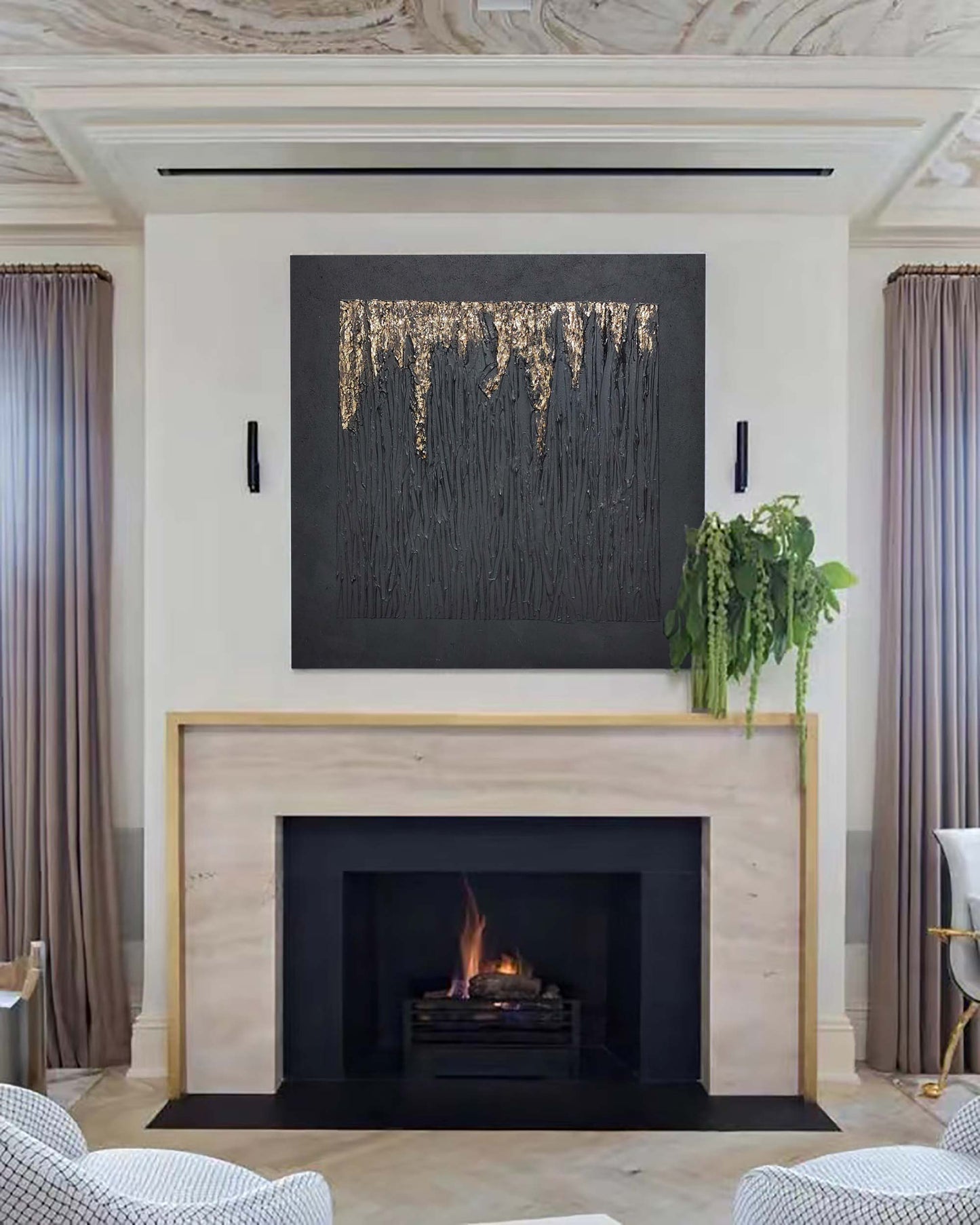Elegant Black and Gold Minimalist Abstract Oil Painting for Modern Decor