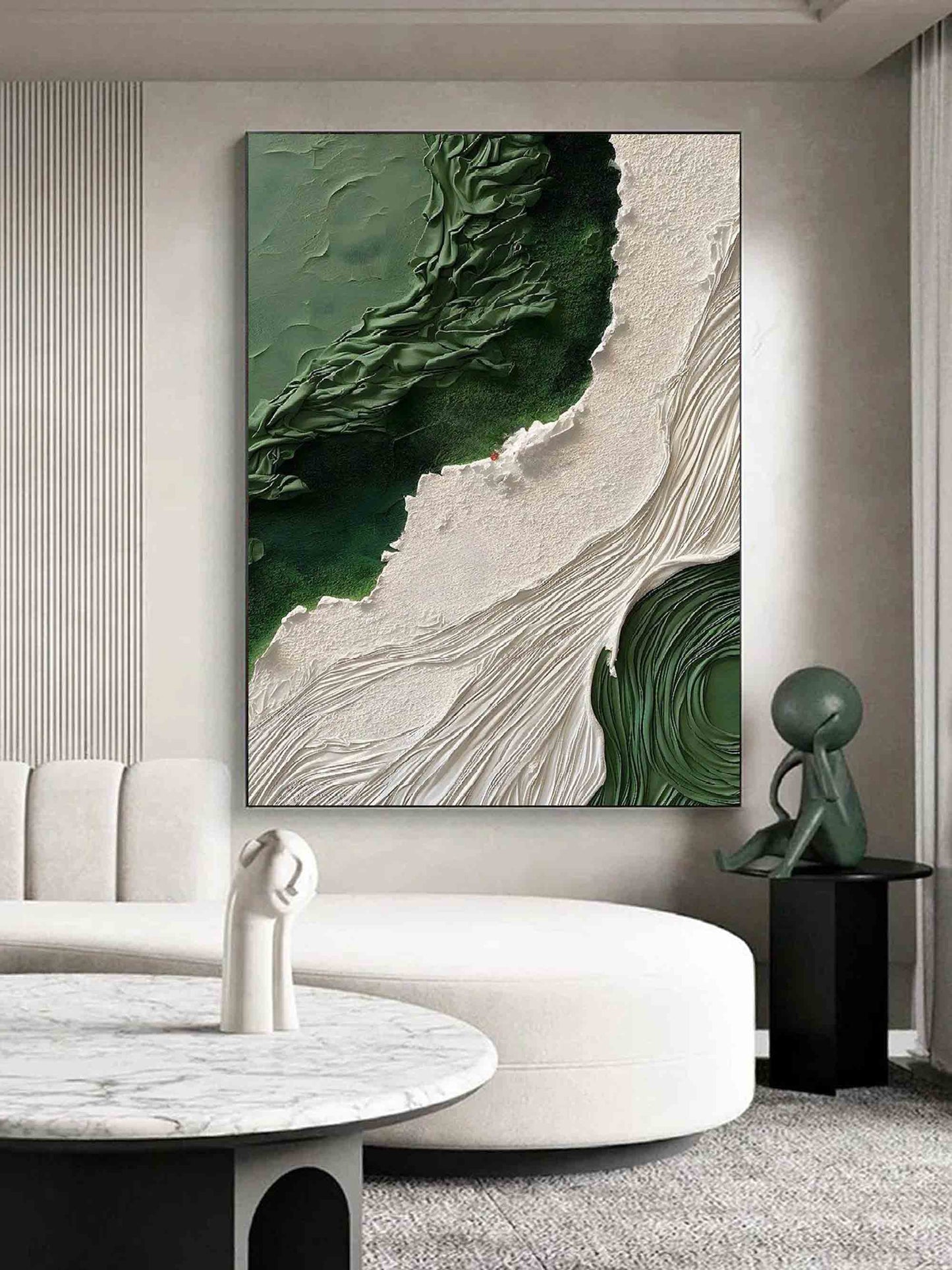 Serene Green and White Landscape Oil Painting for Elegant Home Decor
