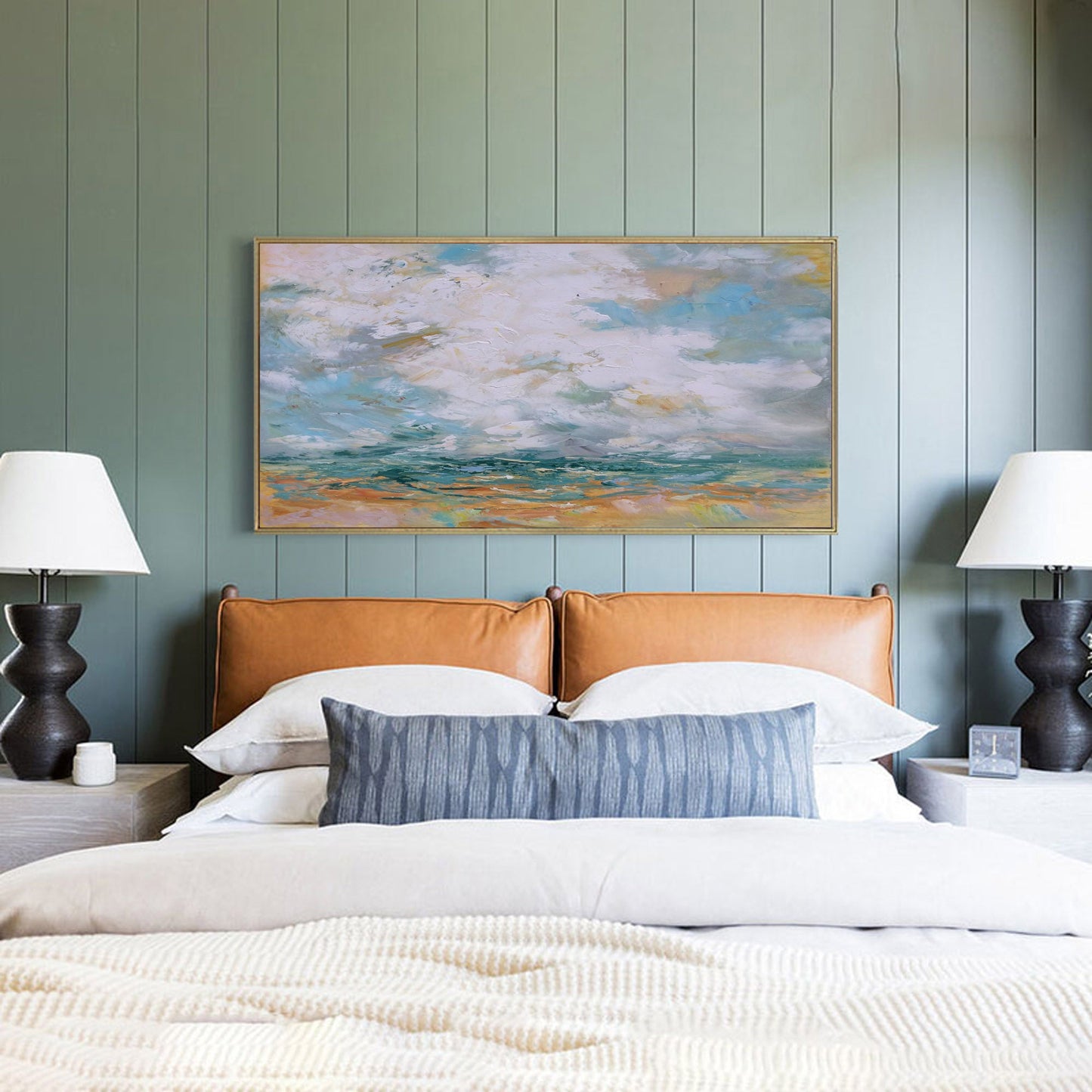 Vivid Coastal Dreamscape Oil Painting with Waves and Dramatic Clouds