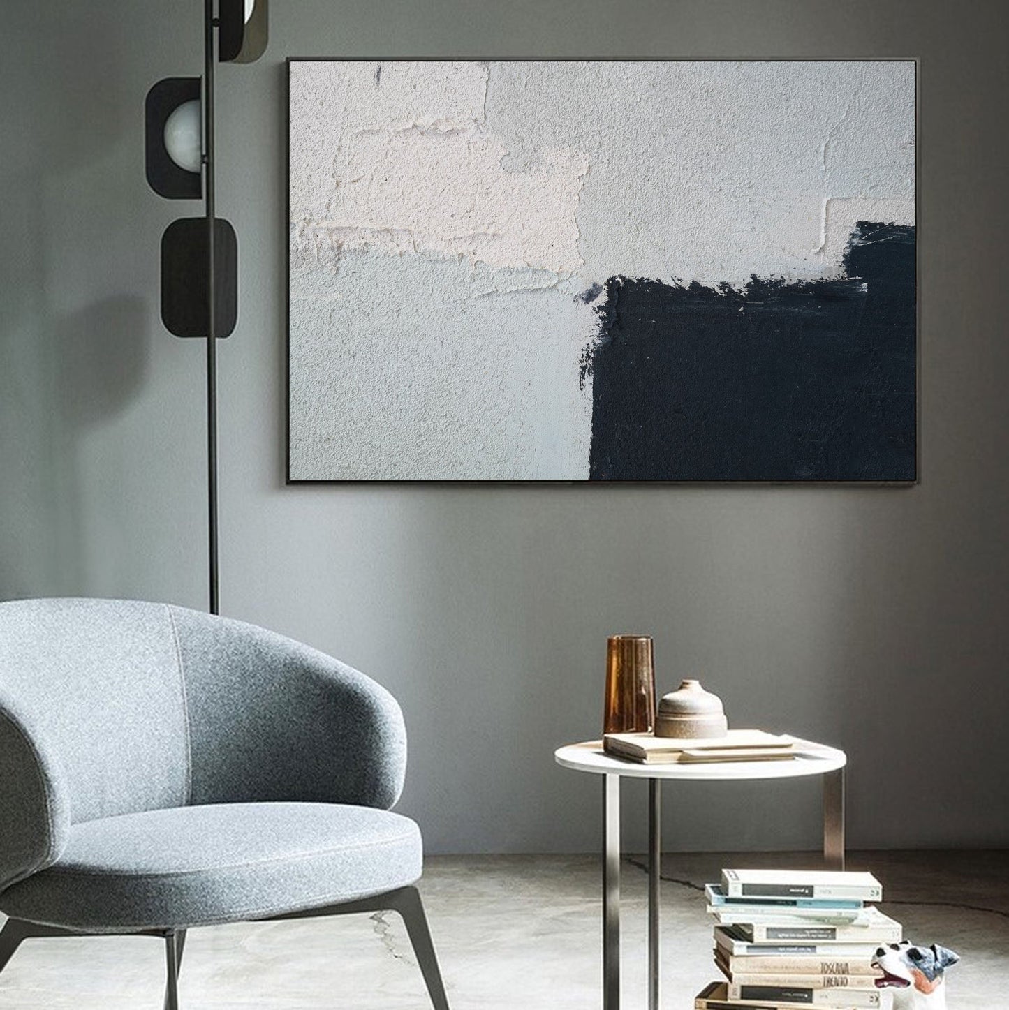 Contemporary Minimalist Abstract Oil Painting in Black and White Tones
