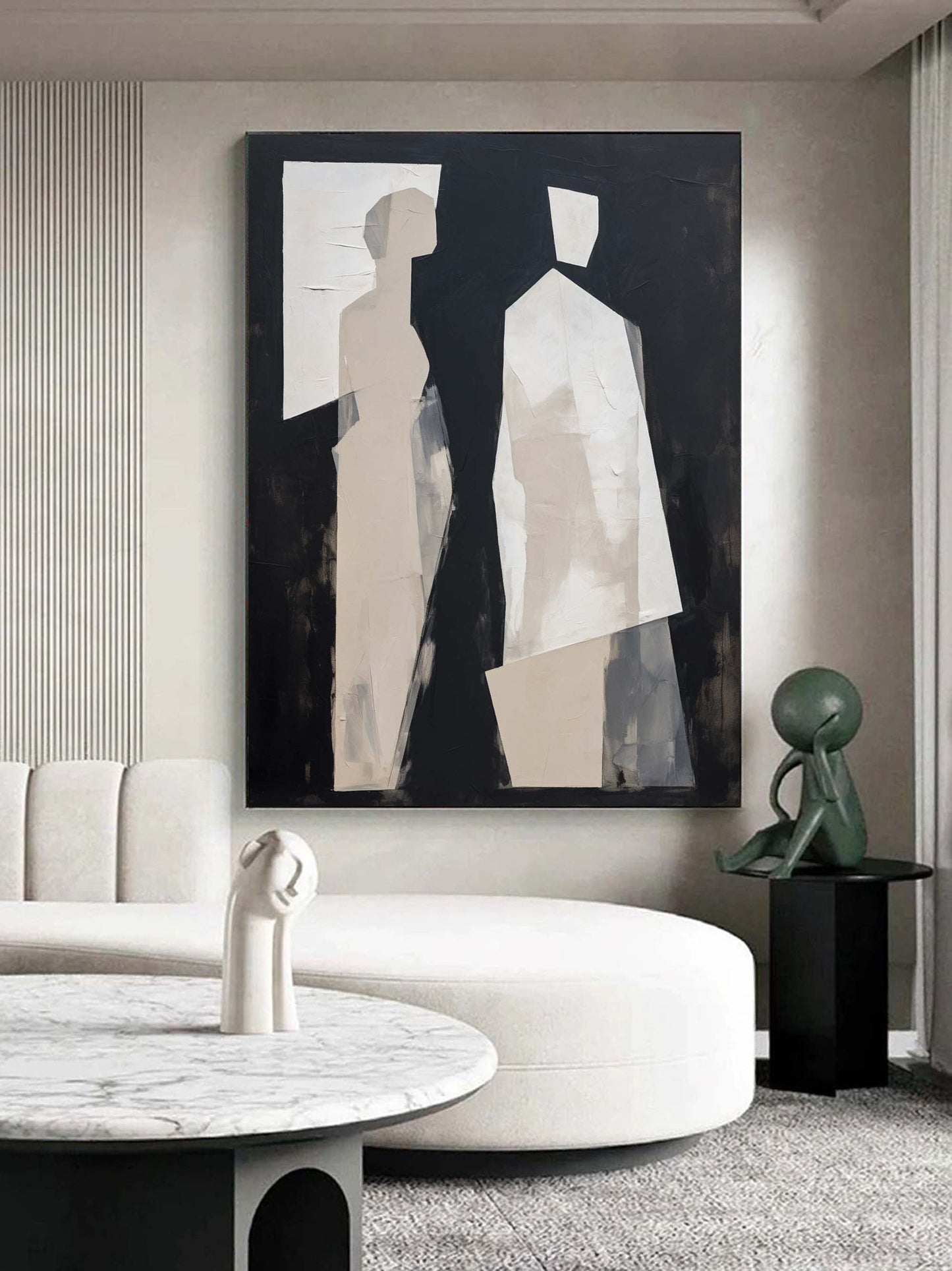 Modern Minimalist Oil Painting of Abstract Figures in Black and White