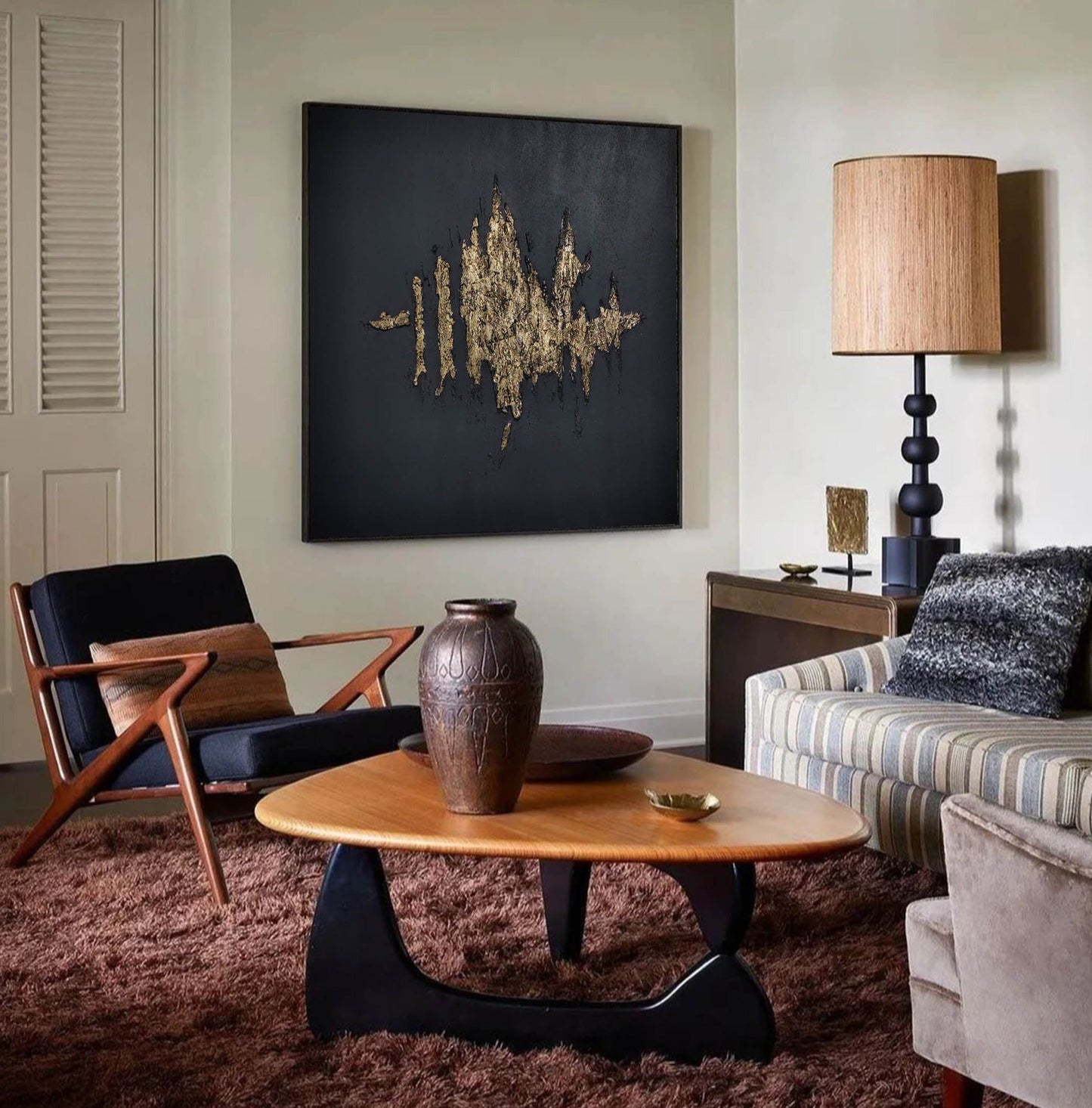 Gold and Black Minimalist Abstract Oil Painting for Contemporary Decor