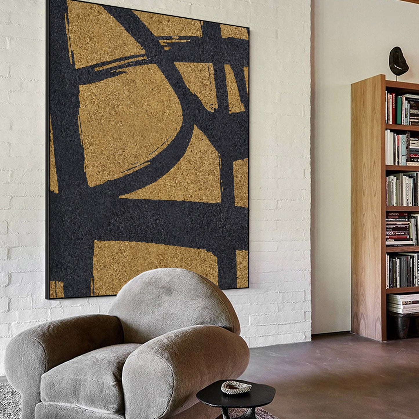 Gold and Black Abstract Minimalist Oil Painting for Modern Home Decor