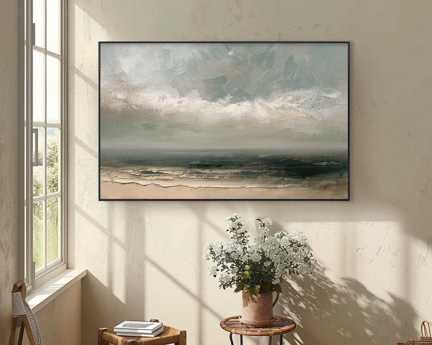 Ocean View Abstract Oil Painting - Serene Coastal Landscape Art for Home Decor