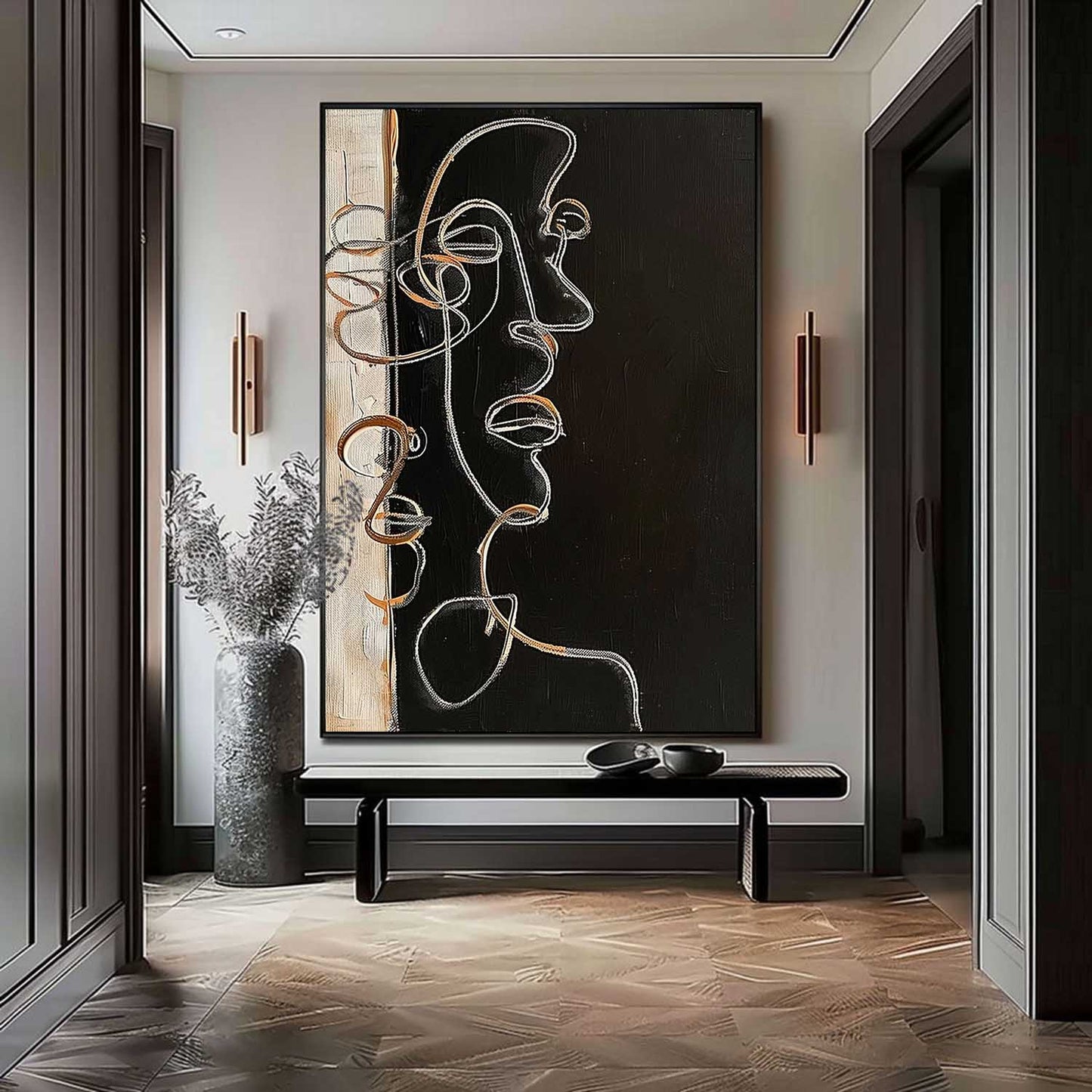 Modern Minimalist Abstract Line Art Portrait Oil Painting for Contemporary Decor