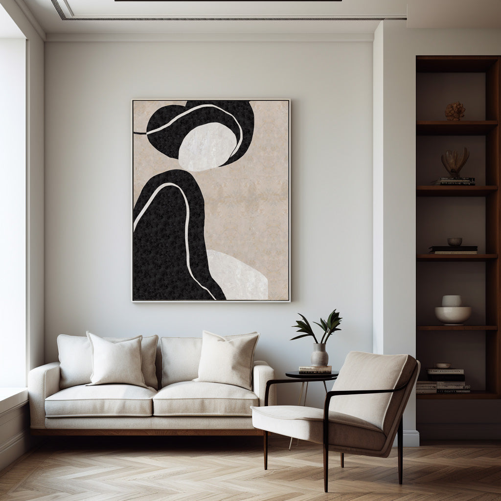 Elegant Black and White Minimalist Oil Painting for Modern Home Decor