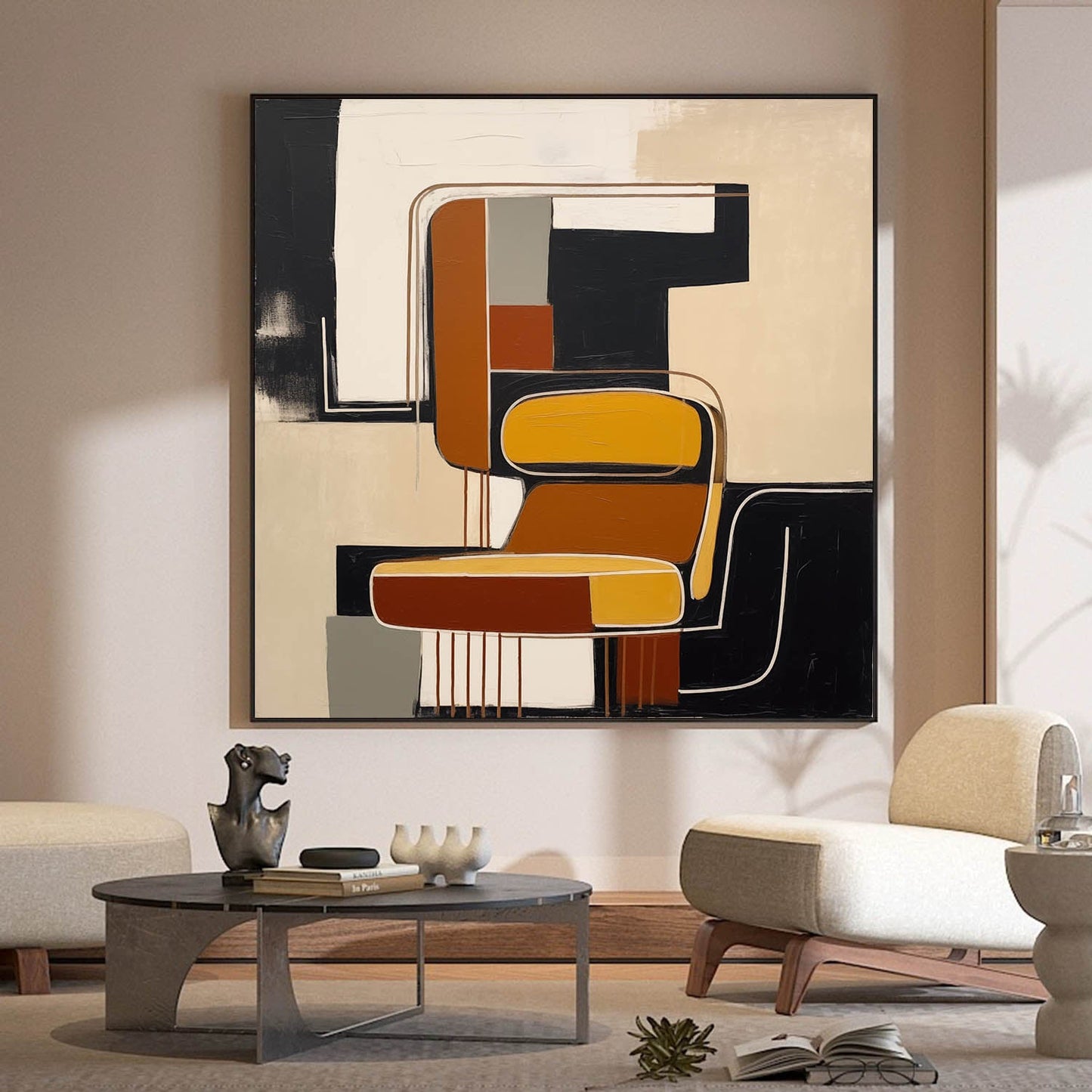 Contemporary Vintage Abstract Oil Painting with Bold Geometric Shapes
