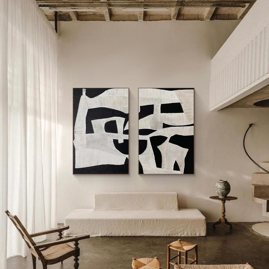 Black and White Abstract Oil Painting Duo – Textured Modern Canvas Art for Contemporary Decor