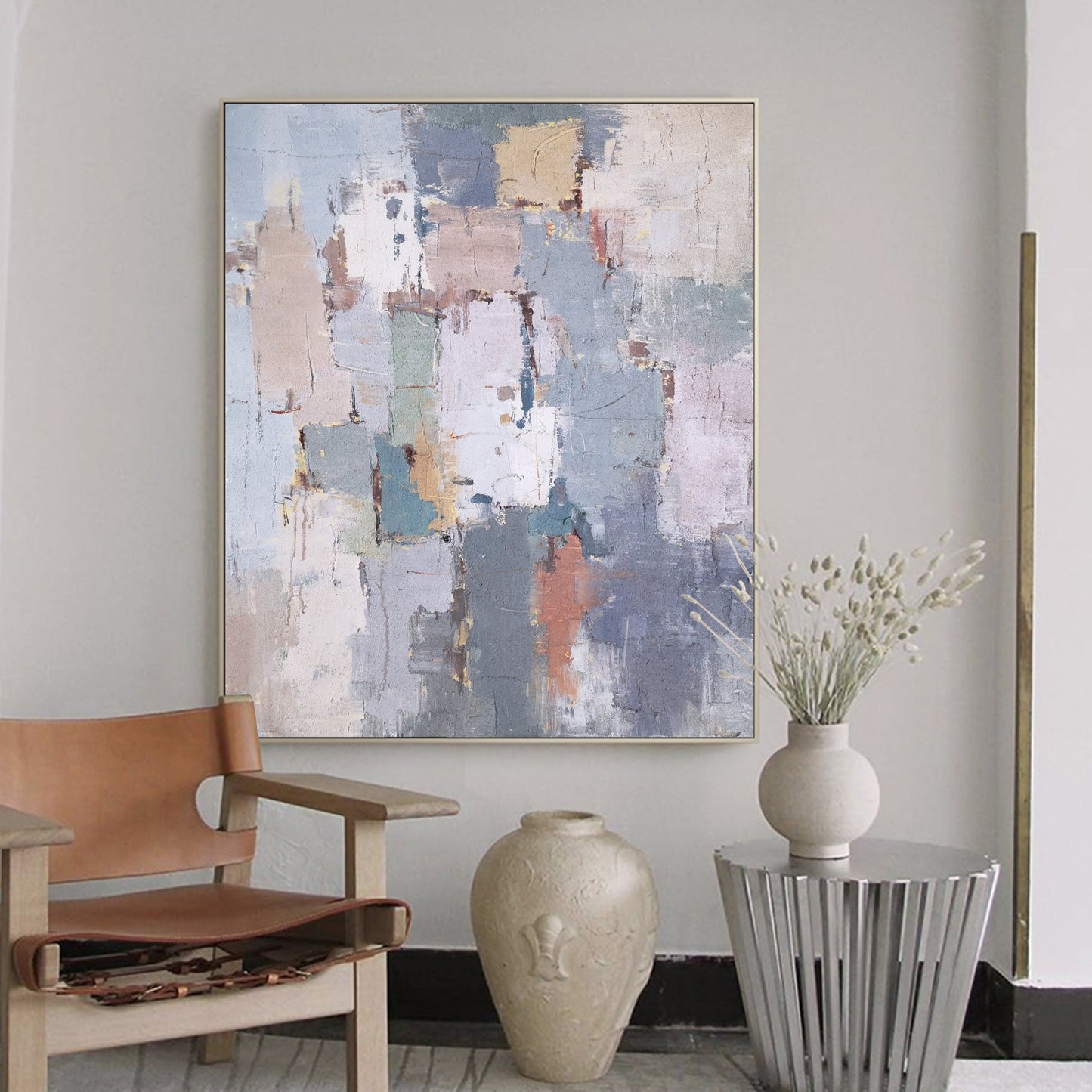 Contemporary Abstract Geometric Oil Painting in Soft Pastel Colors for Modern Decor