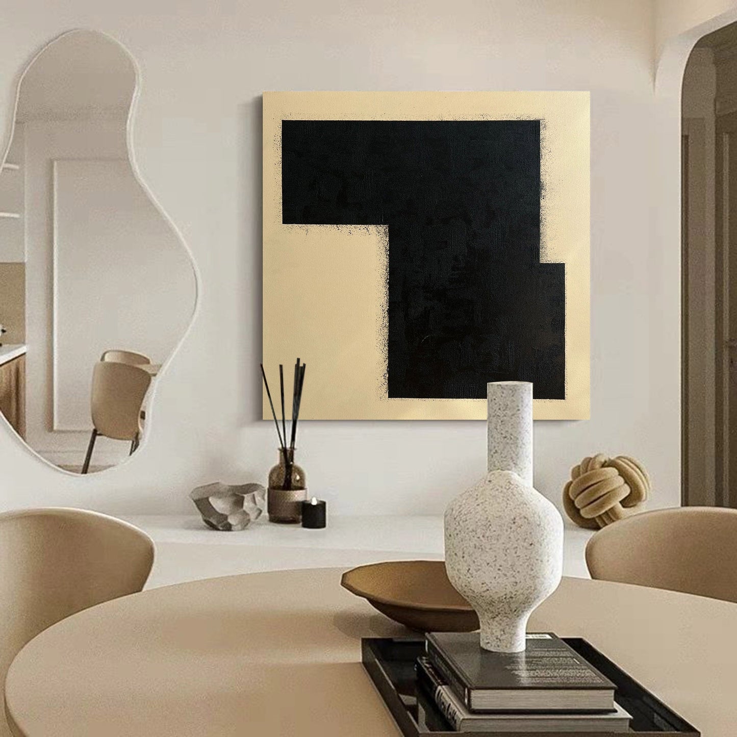 Elegant Black and Gold Minimalist Geometric Oil Painting for Modern Decor