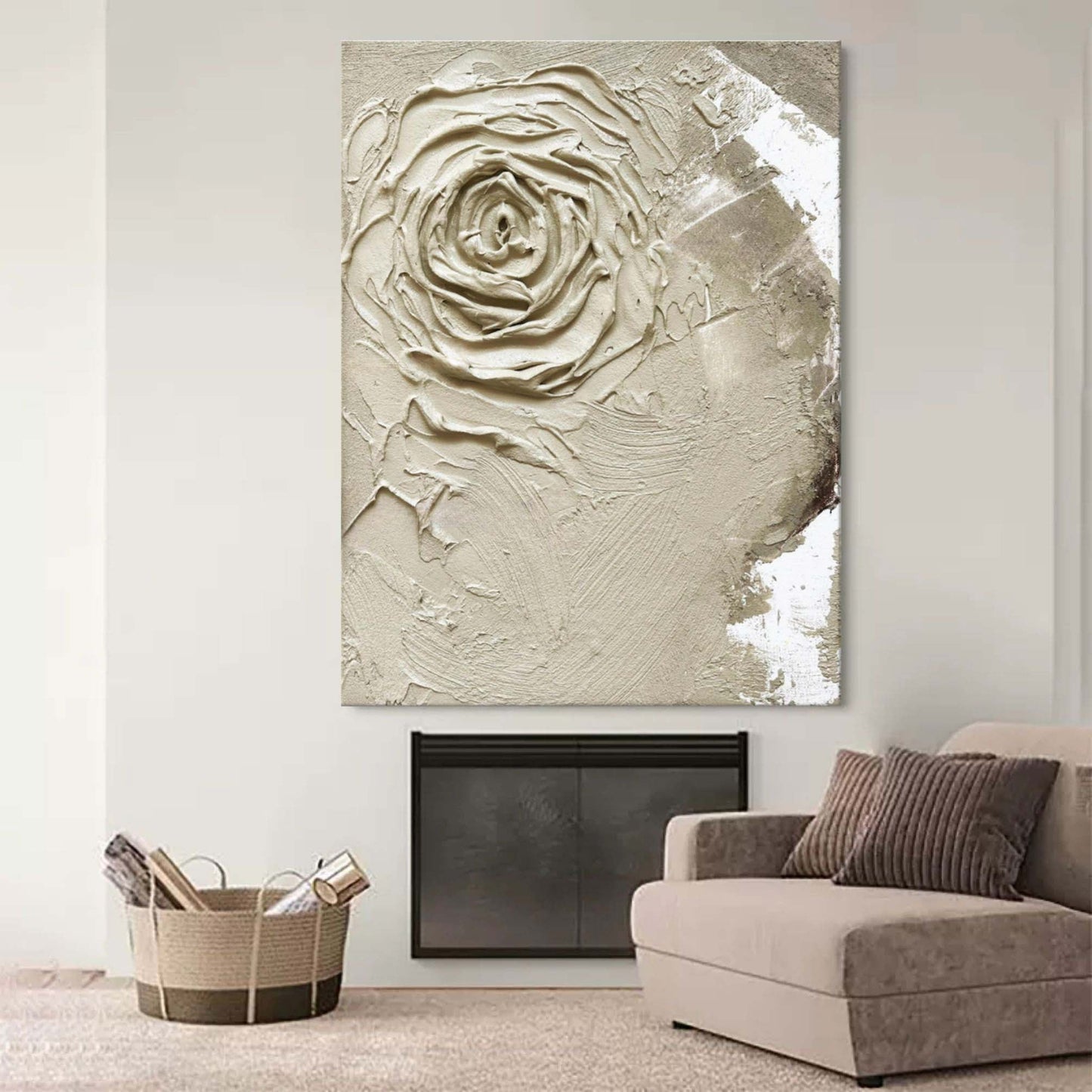 Textured Floral Elegance - Cream Rose Oil Painting for Timeless Home Decor