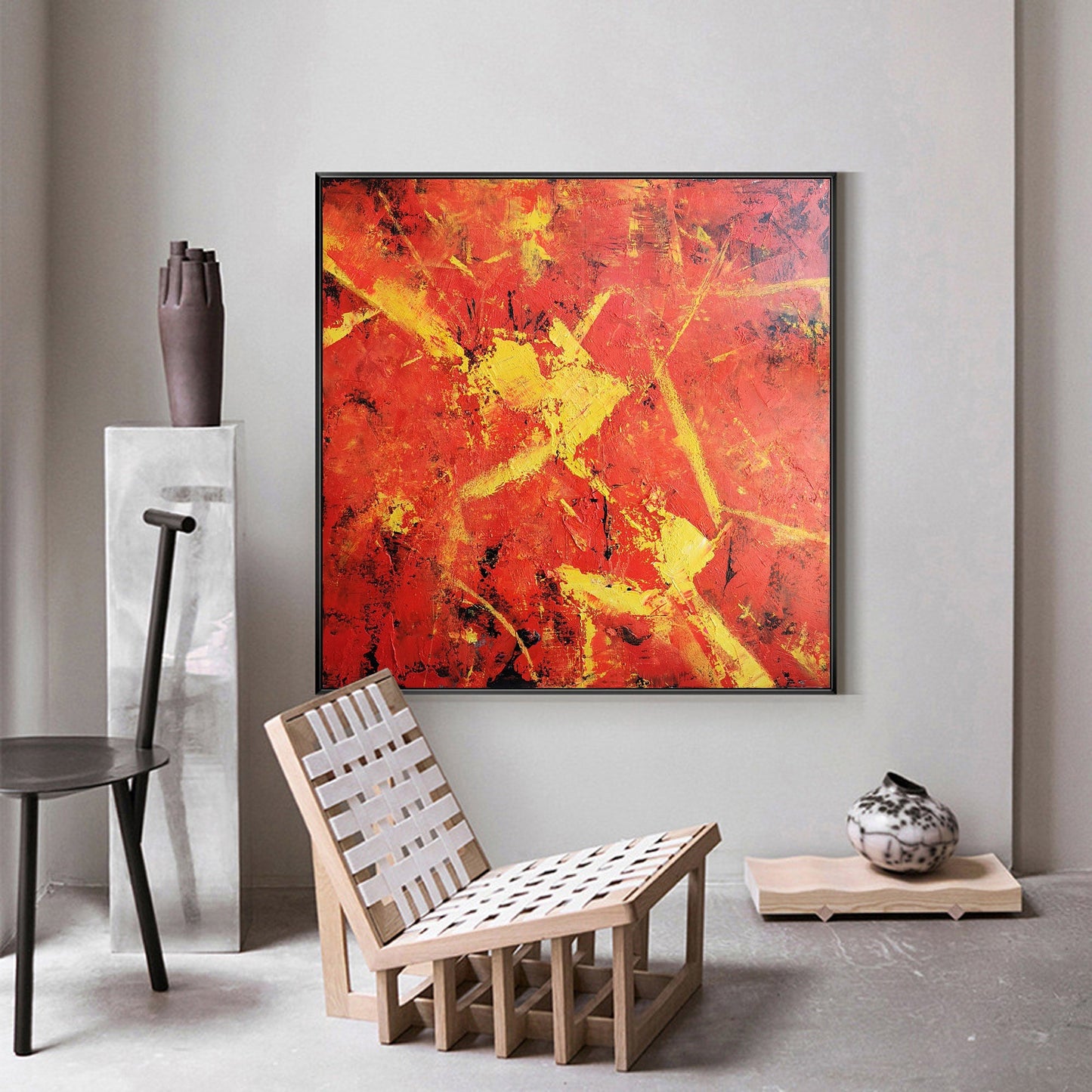 Vibrant Red and Yellow Abstract Oil Painting for Home Décor
