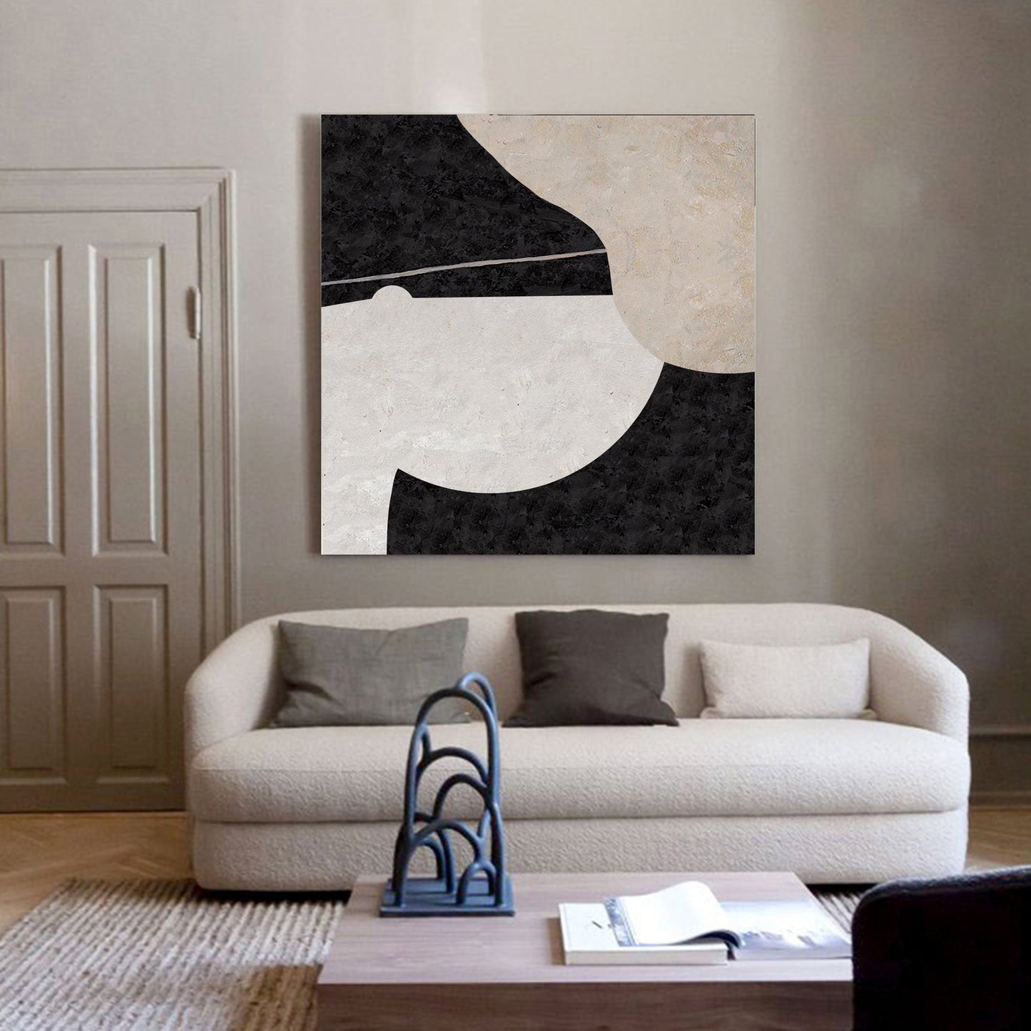 Large Minimalist Black and White Oil Painting for Modern Home Decor