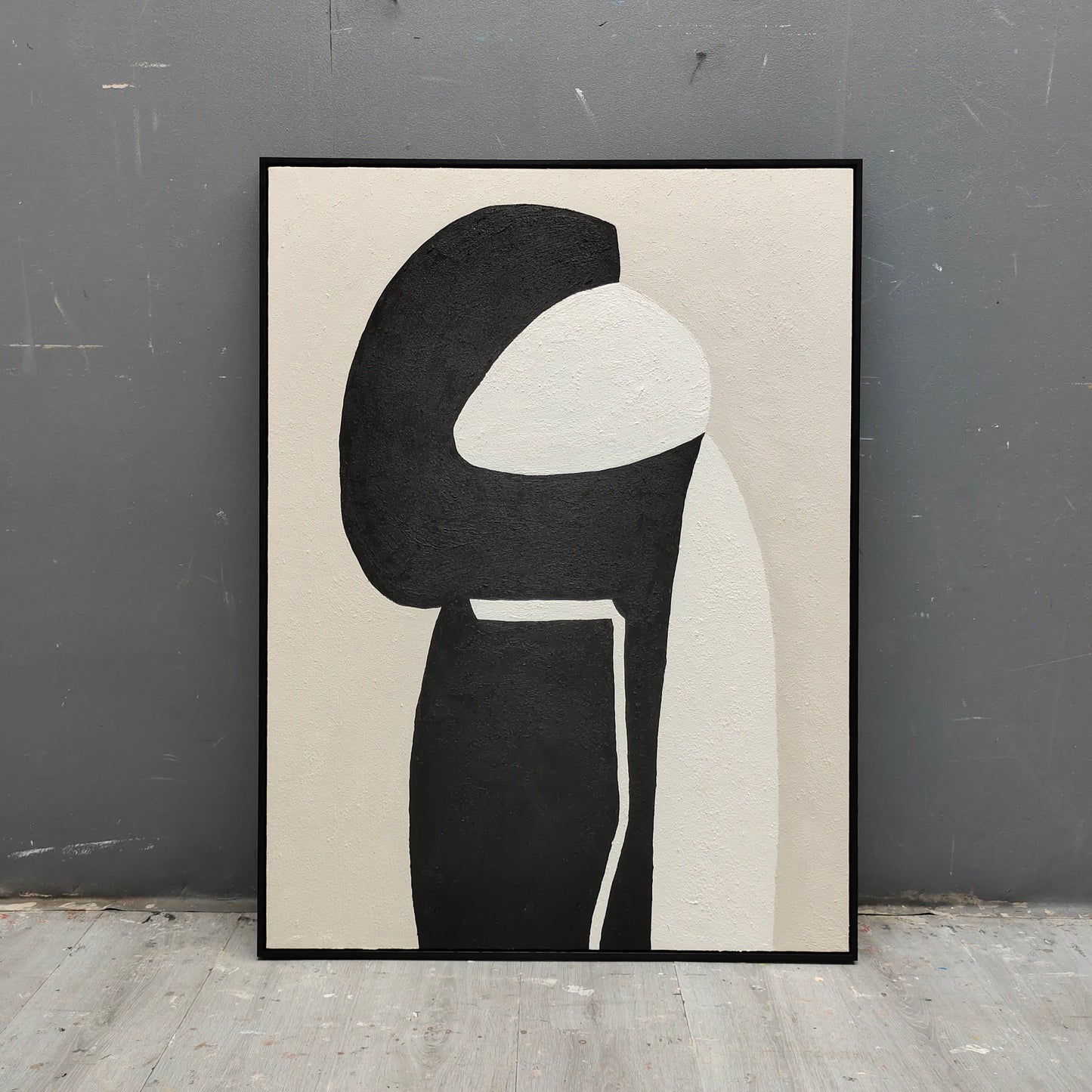 Modern Beige and Black Minimalist Abstract Oil Painting for Contemporary Decor