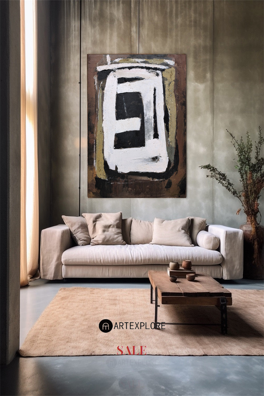Contemporary Brown Abstract Oil Painting with Geometric Design for Modern Decor