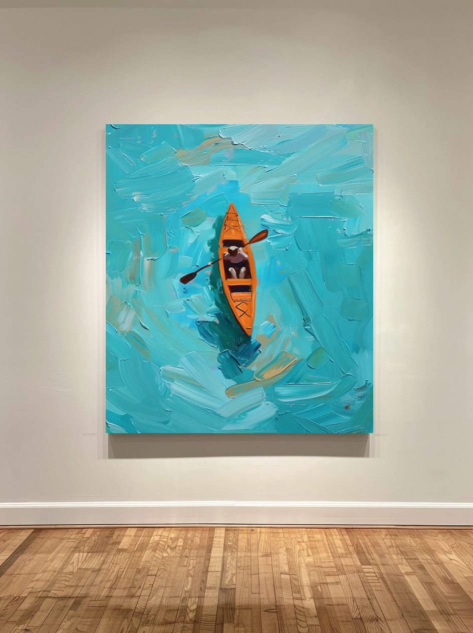 Vibrant Blue Ocean Kayaking Oil Painting for Nautical Home Decor