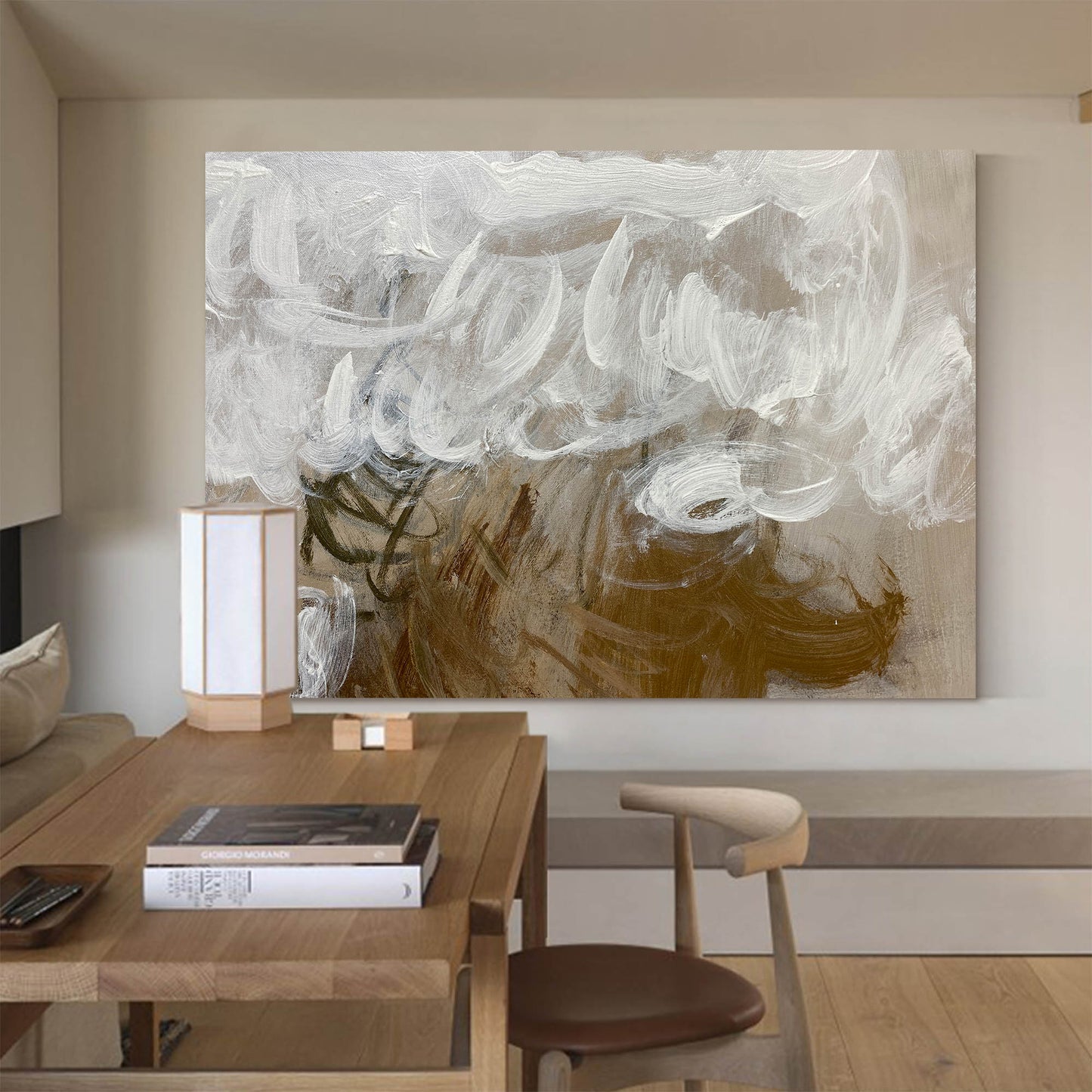 Contemporary Abstract Oil Painting with Dynamic Brushwork and Calming Tones