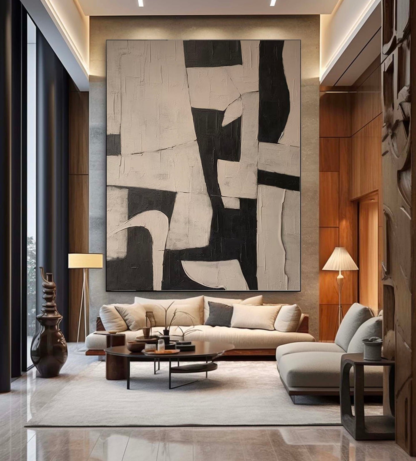 Elegant Black and White Minimalist Abstract Oil Painting for Modern Decor