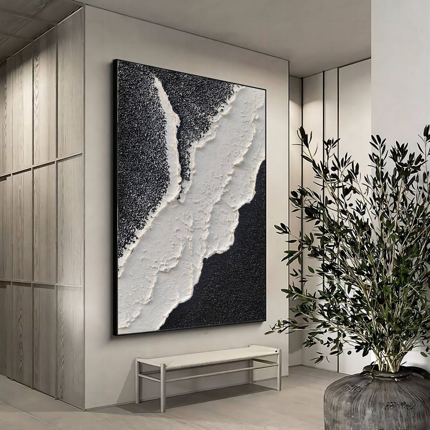 Modern Abstract Ocean Wave Oil Painting in Black and White Textures