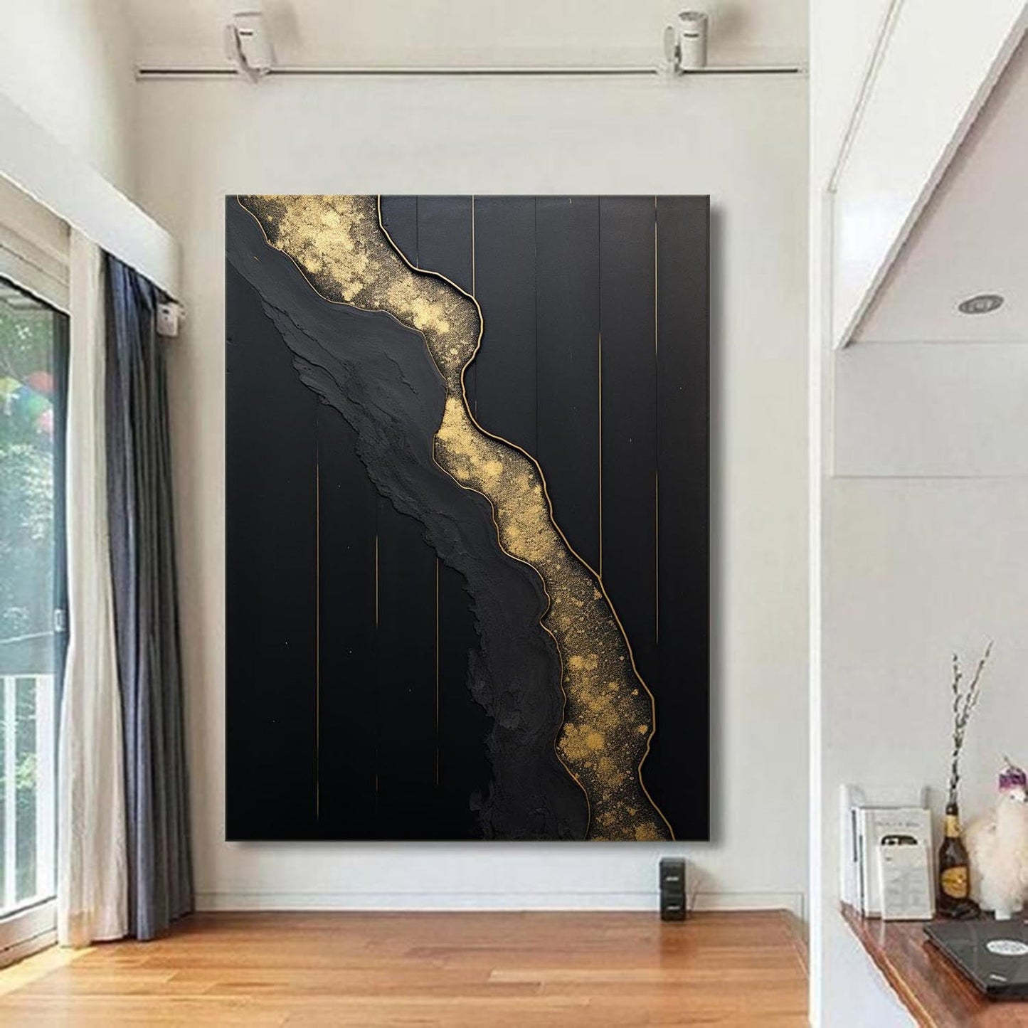 Elegant Black and Gold Minimalist Abstract Oil Painting for Modern Home Decor