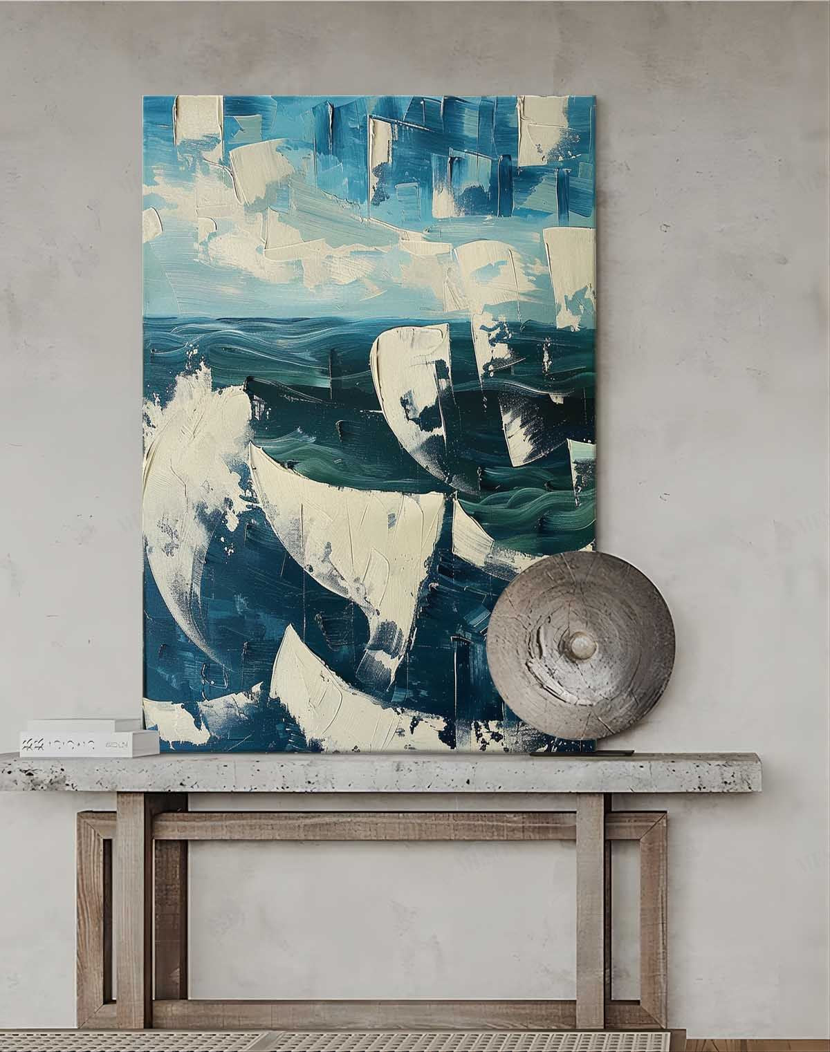 Vibrant Abstract Ocean Waves Oil Painting with Textured Plaster Finish