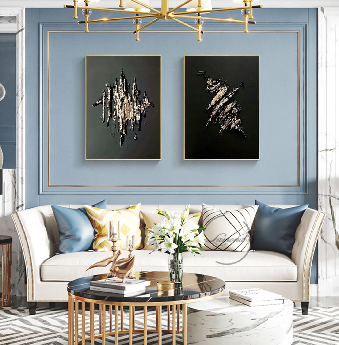 Contemporary Dual Set of Abstract Oil Paintings for Modern Home Decor