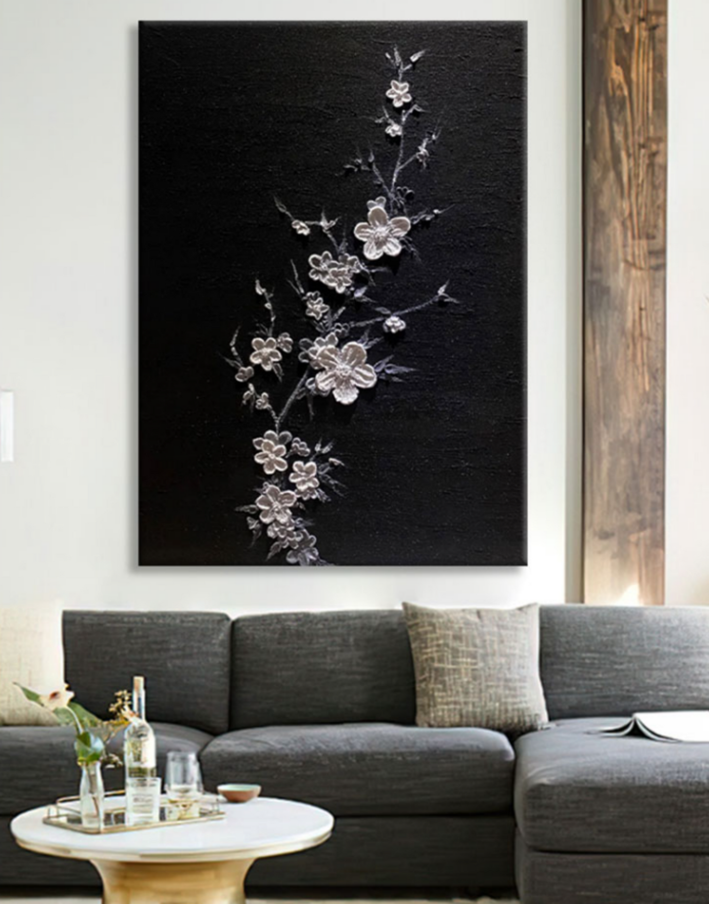 Elegant Floral Textured Oil Painting on Black Canvas