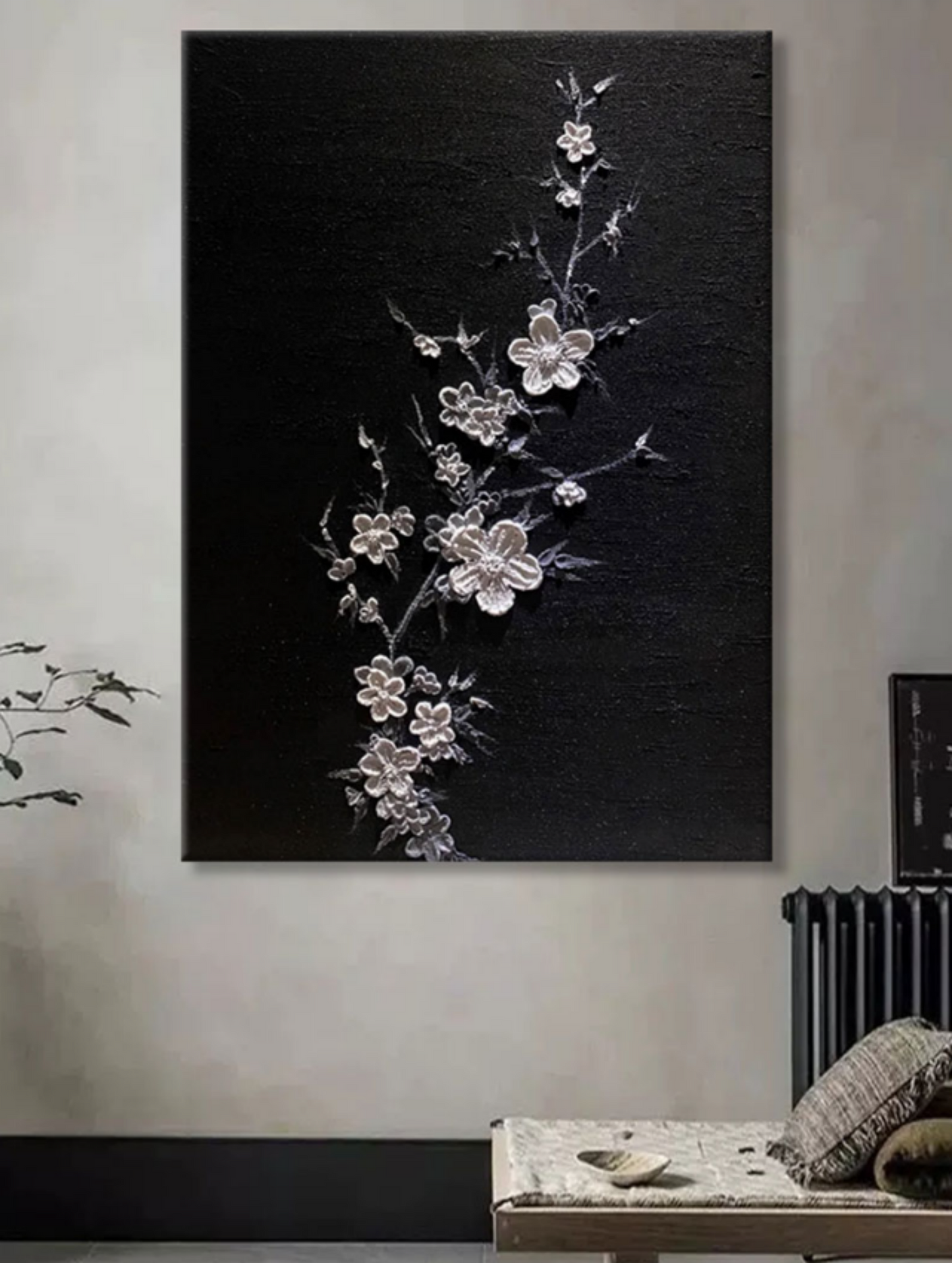 Elegant Floral Textured Oil Painting on Black Canvas