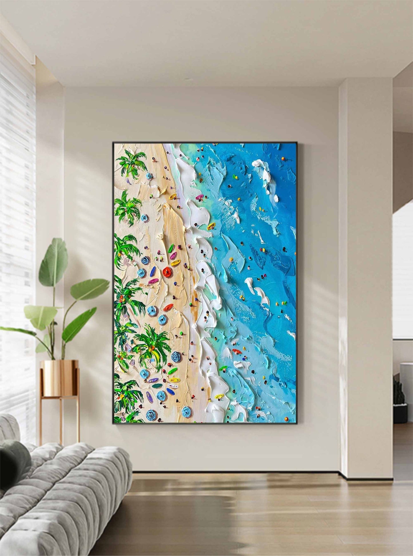 Vibrant Tropical Beach Oil Painting with Textured Waves and Lush Palm Trees