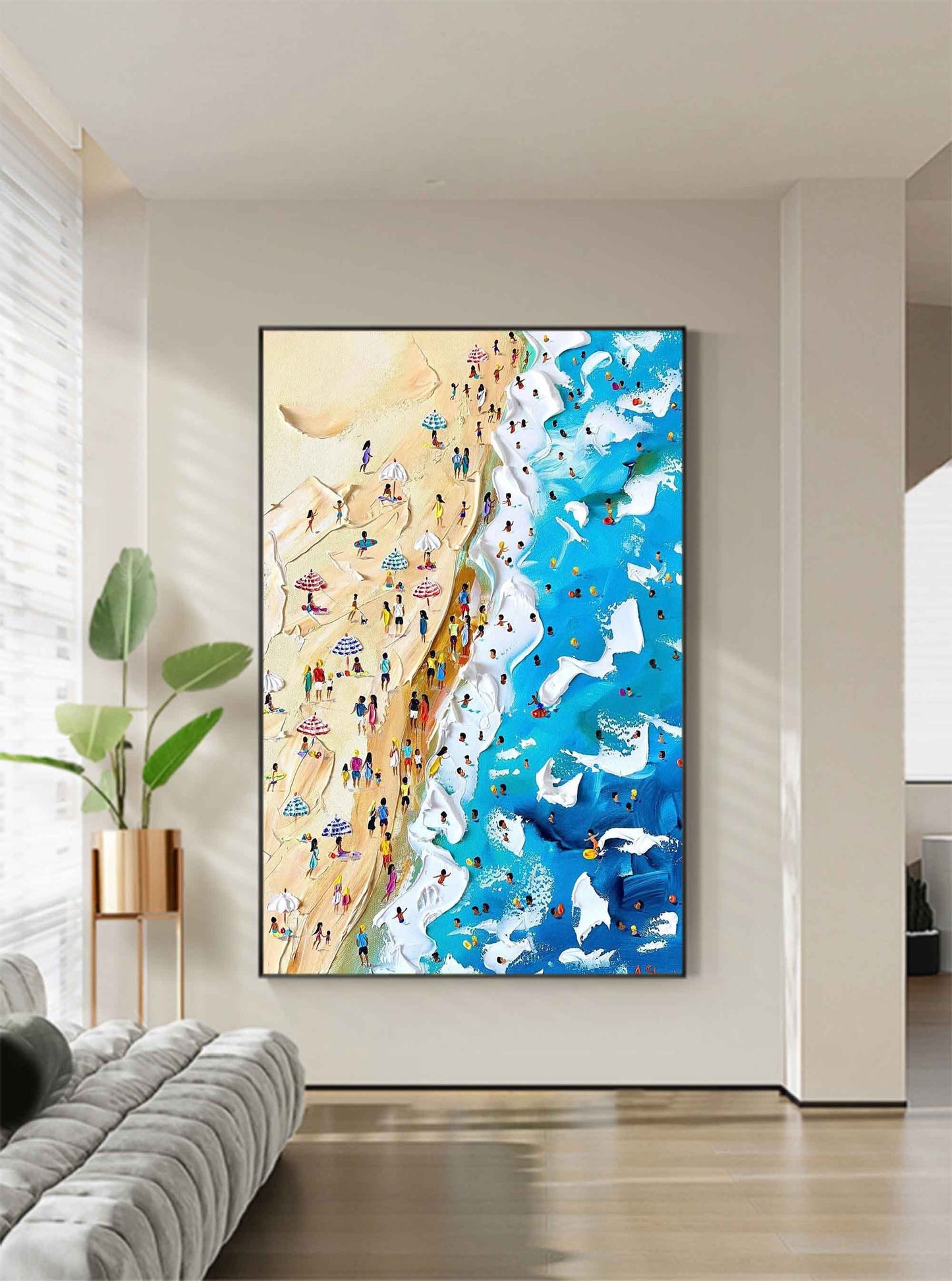 Vibrant Beach Scene Oil Painting with Sunbathers and Colorful Parasols