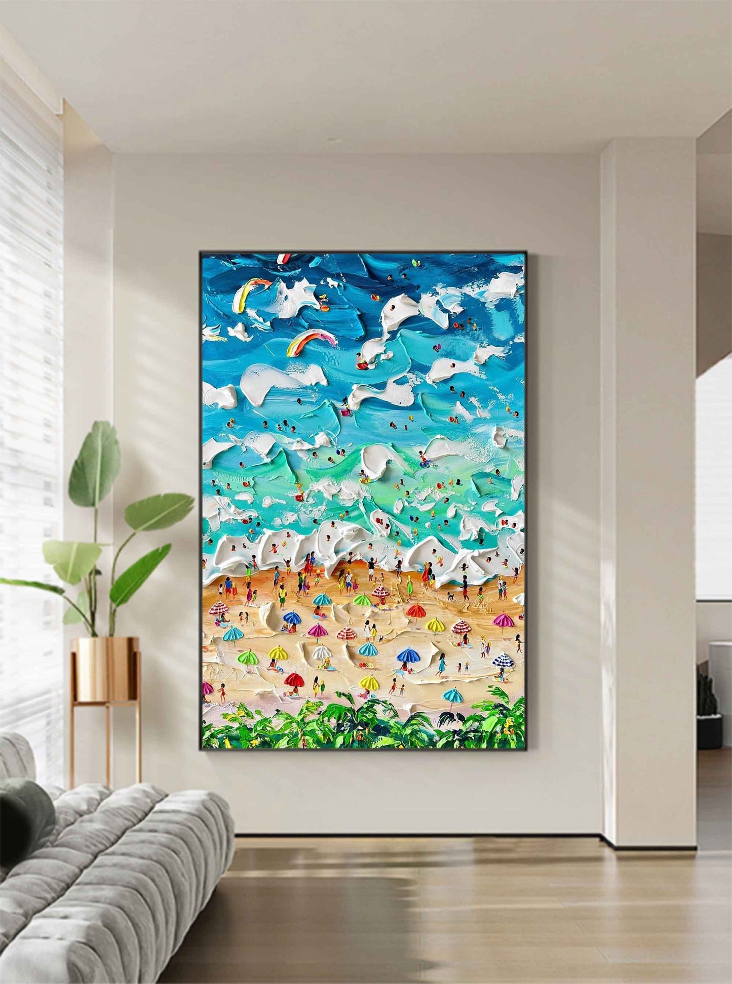 Vibrant Beach Scene Oil Painting with Textured Waves and Colorful Umbrellas