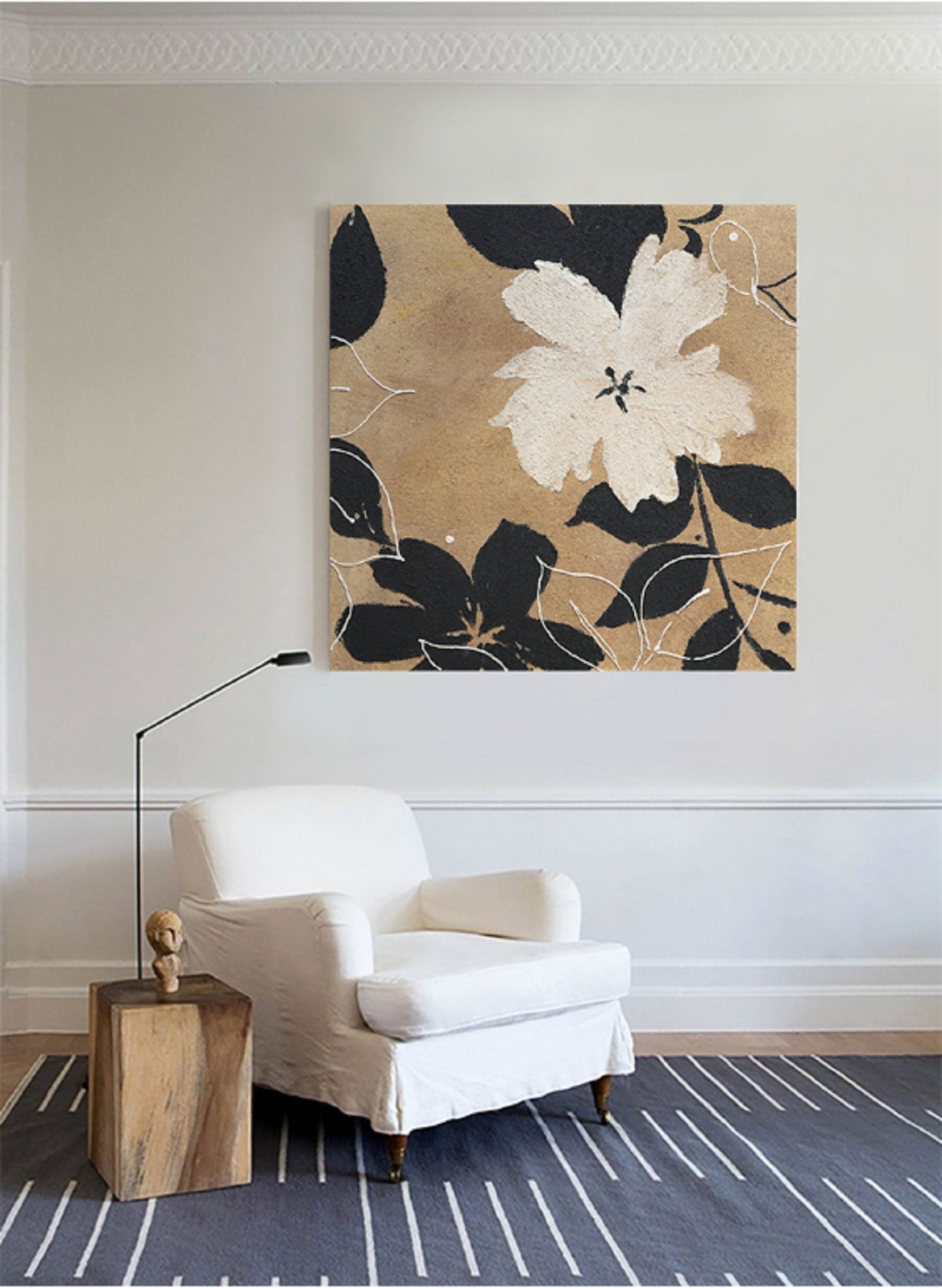 Elegant Minimalist Black and White Flower Oil Painting for Modern Decor