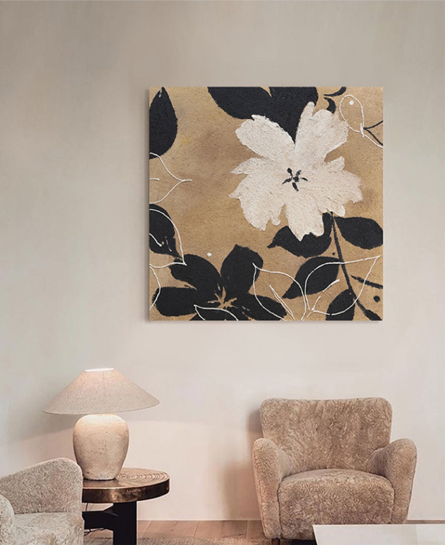 Elegant Minimalist Black and White Flower Oil Painting for Modern Decor