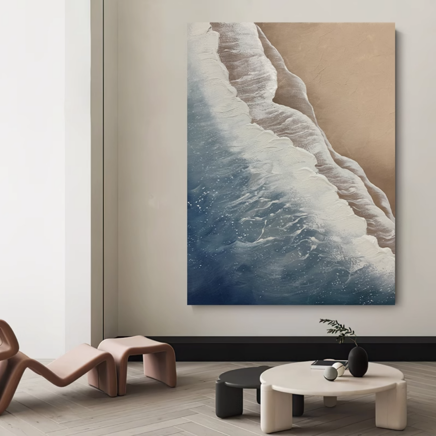 Coastal Serenity: Textured Ocean Waves and Sandy Shore Oil Painting