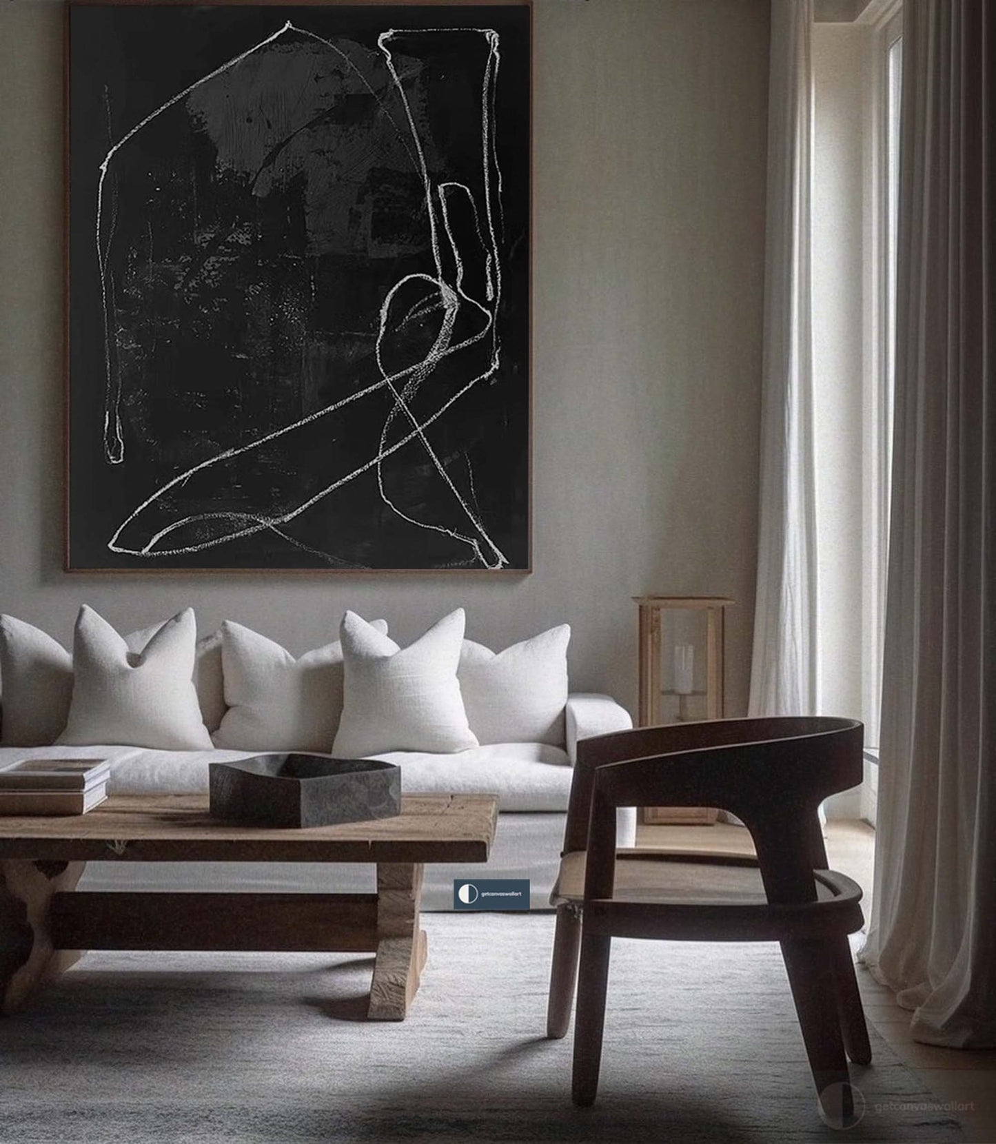 Chic Black Abstract Oil Painting with Elegant White Lines for Modern Decor