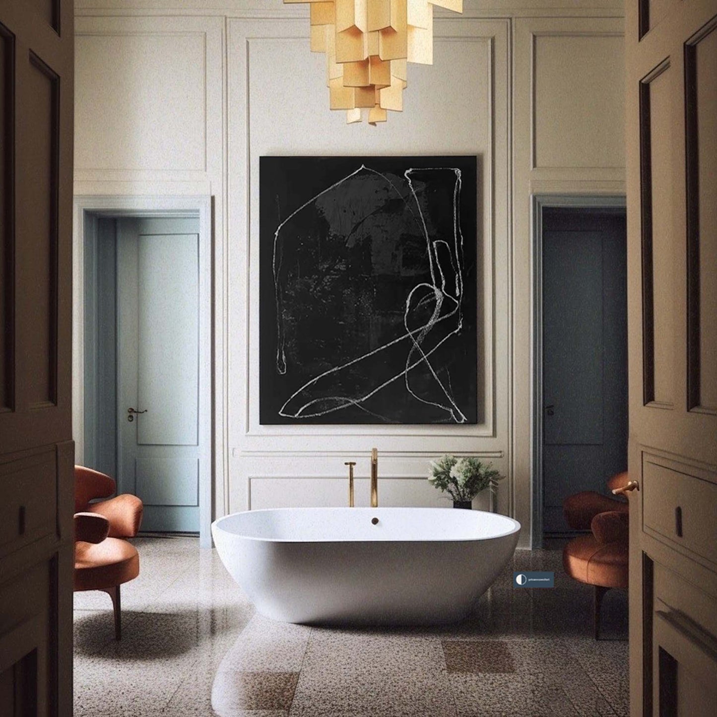 Chic Black Abstract Oil Painting with Elegant White Lines for Modern Decor