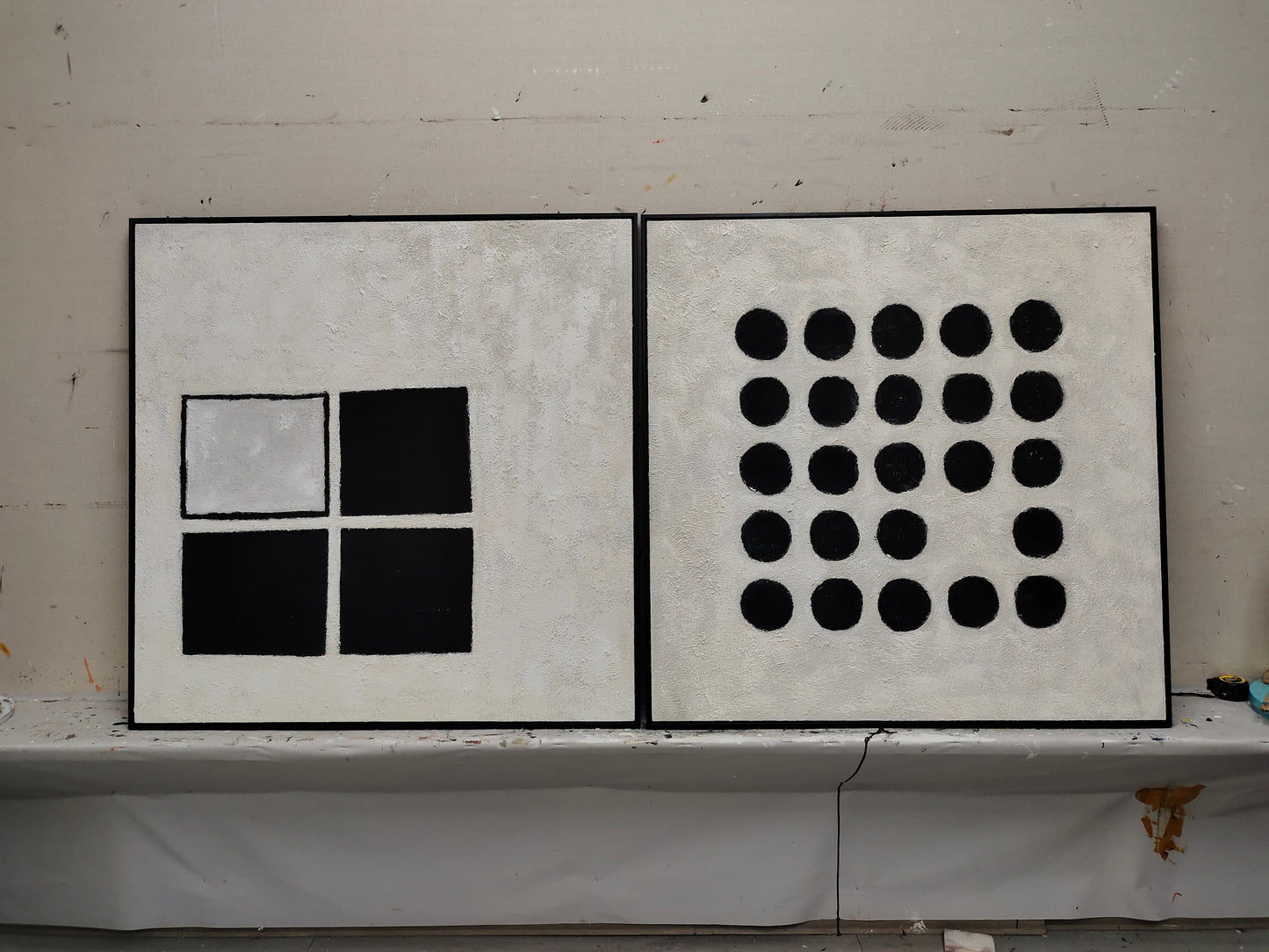 Modern Abstract Duo - Black and White Geometric Oil Paintings for Contemporary Decor