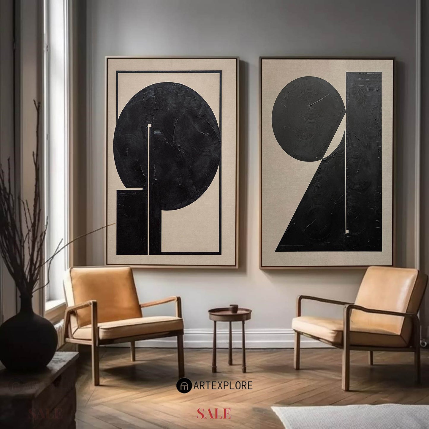 Contemporary Black and White Abstract Oil Painting Set for Modern Home Decor