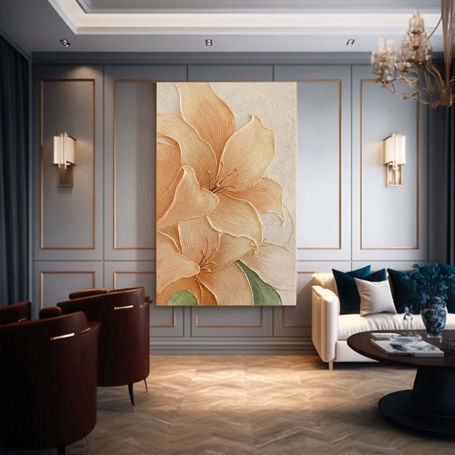 Luminous Floral Oil Painting on Canvas - Elegant Peach Flower Artwork for Home Decor