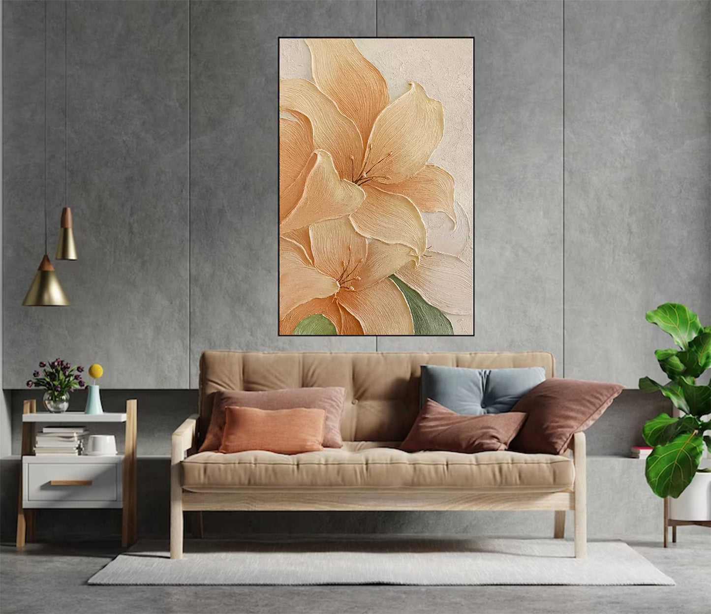 Luminous Floral Oil Painting on Canvas - Elegant Peach Flower Artwork for Home Decor