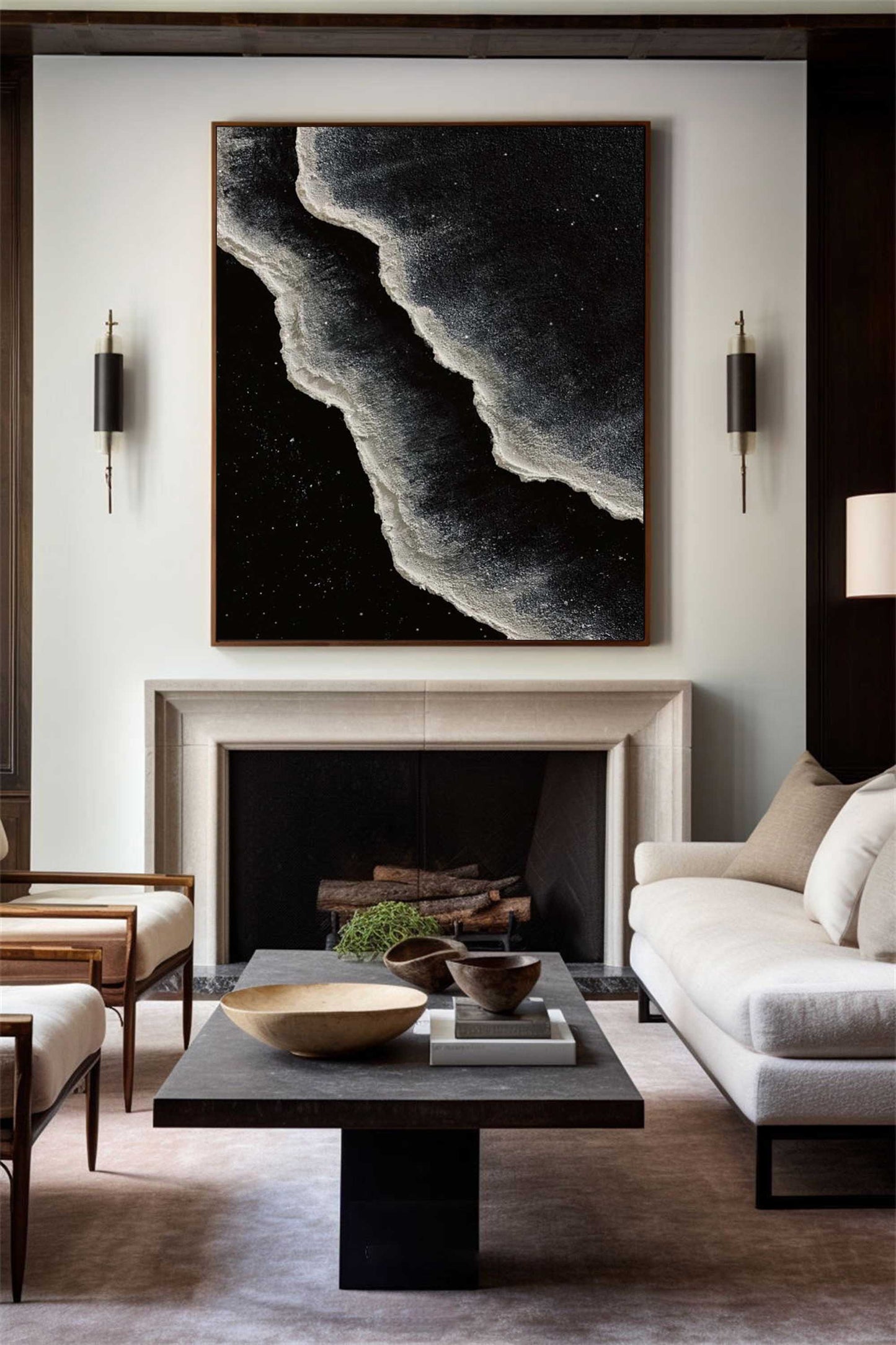 Monochrome Coastal Waves Oil Painting - Modern Black and White Art for Home Décor